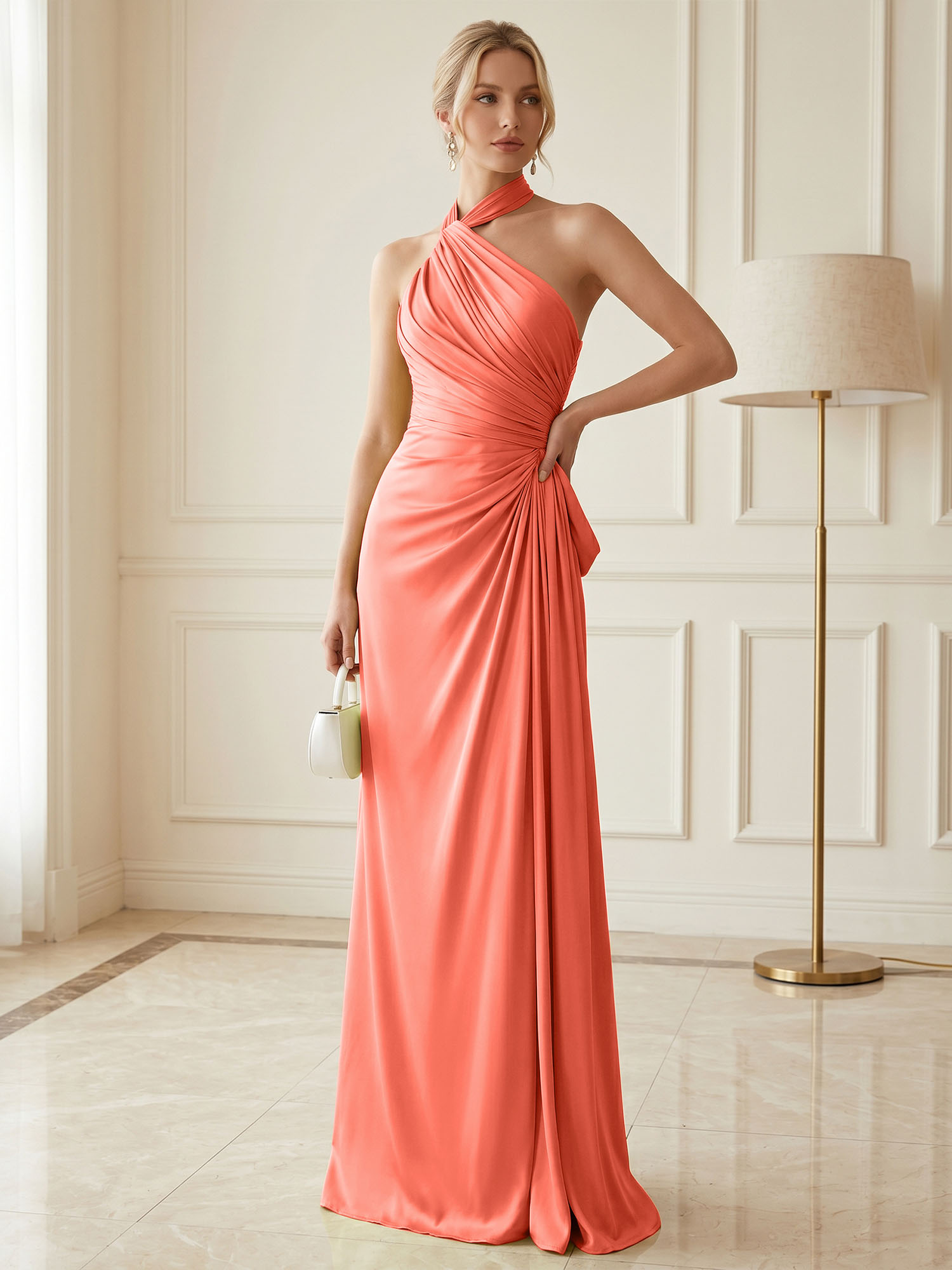 Chartreuse Glow Ruched Halter Satin Evening Dress