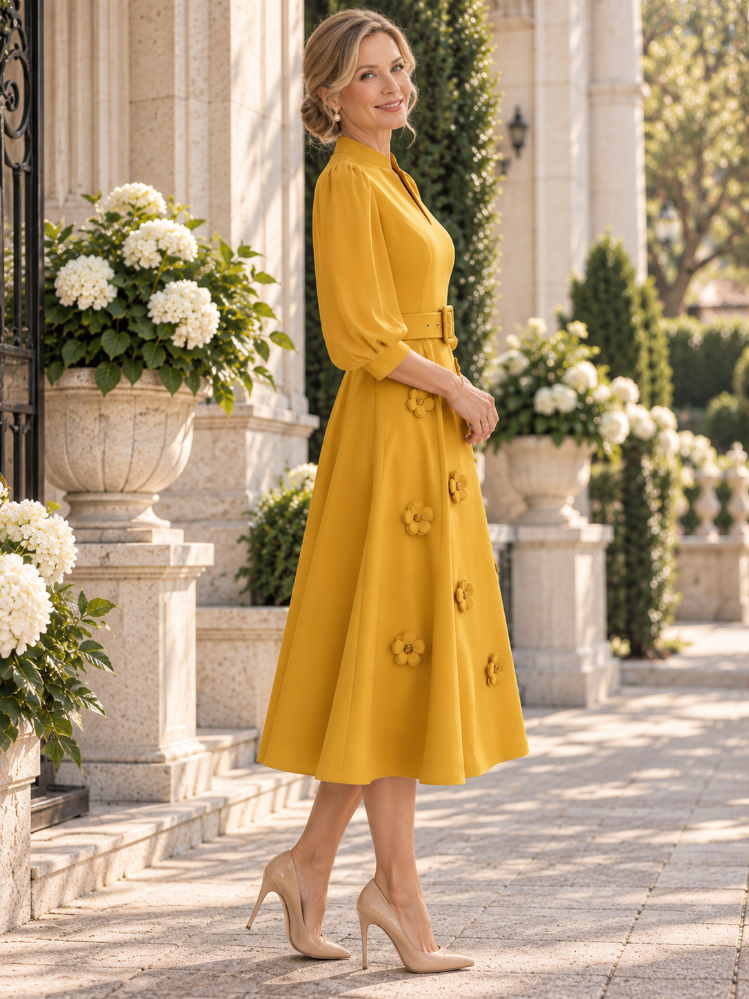 Mustard Yellow Belted 3D Floral V-Neck A-Line Midi Mother of the Bride & Groom Dresses 