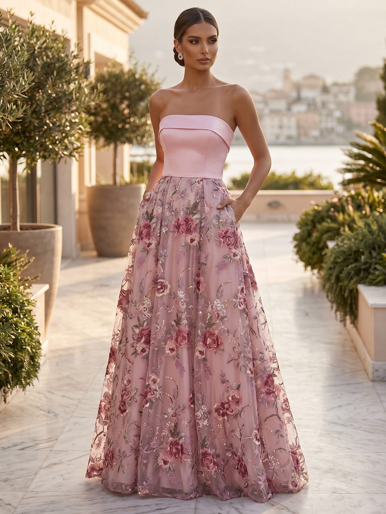 Ethereal Rose Floral Strapless Mother of the Bride & Groom Dresses