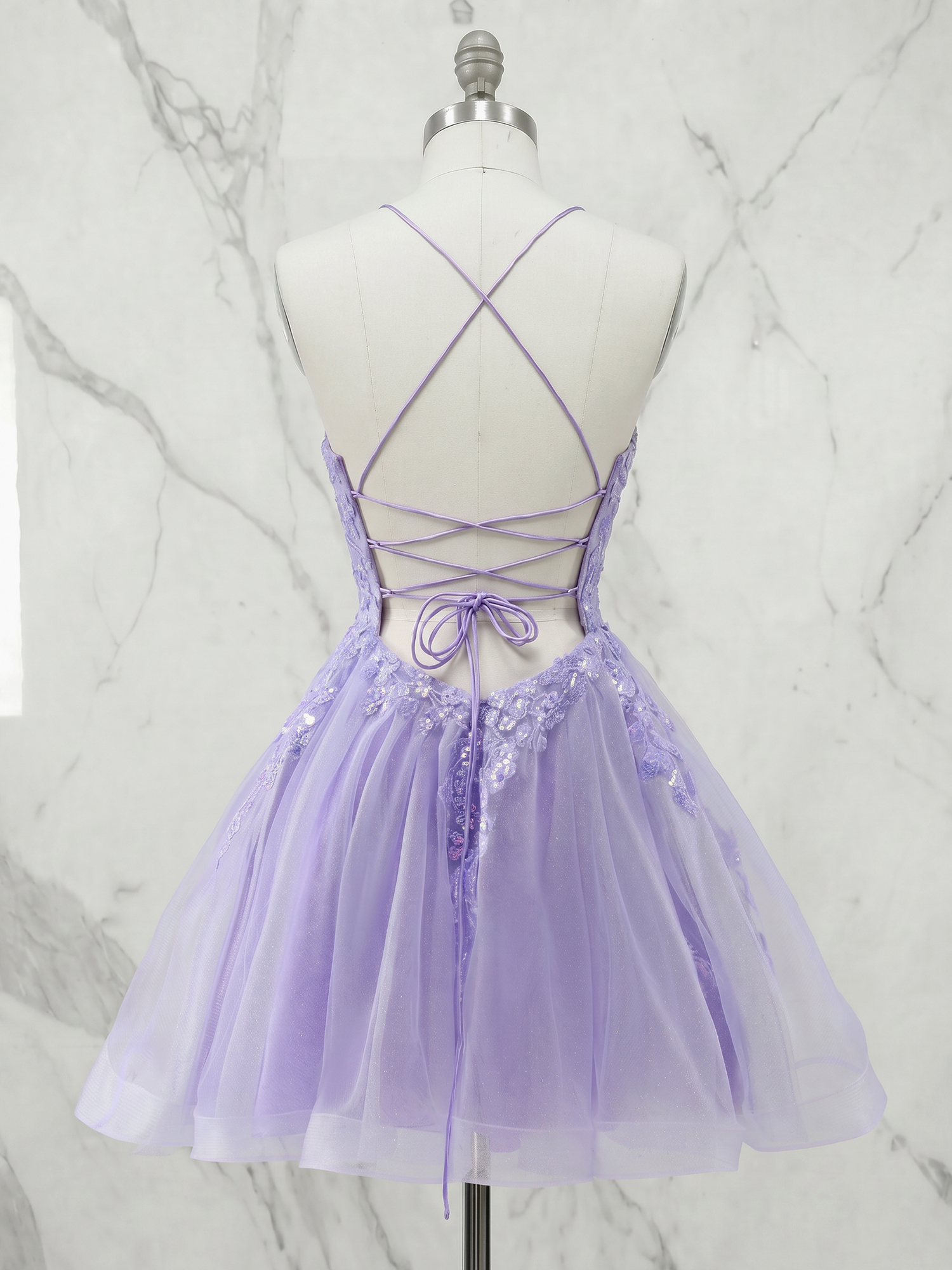 Whimsical Lavender Floral Lace Tulle A-Line Homecoming Dress with Strappy Lace-Up Back