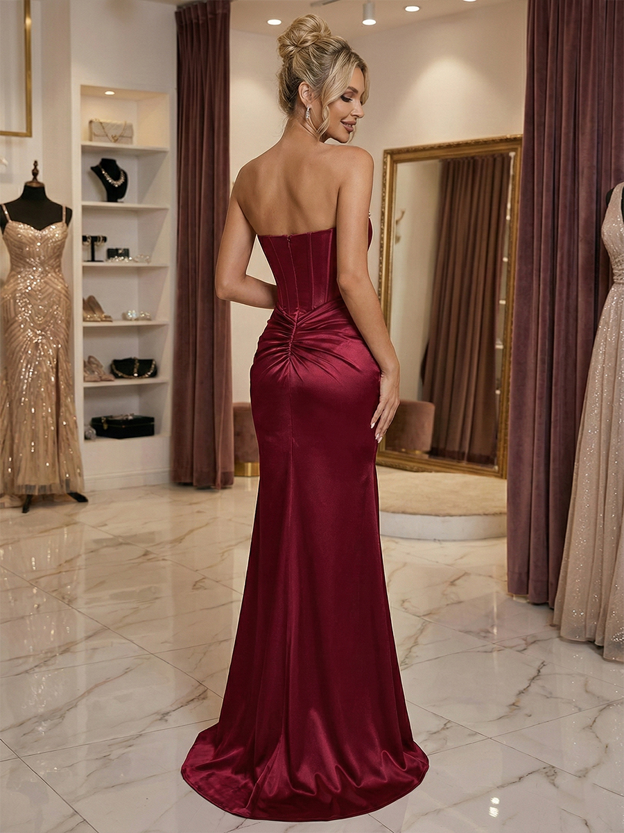 Luxe Burgundy Strapless Satin Evening Gown with Crystal Trim & Thigh Slit