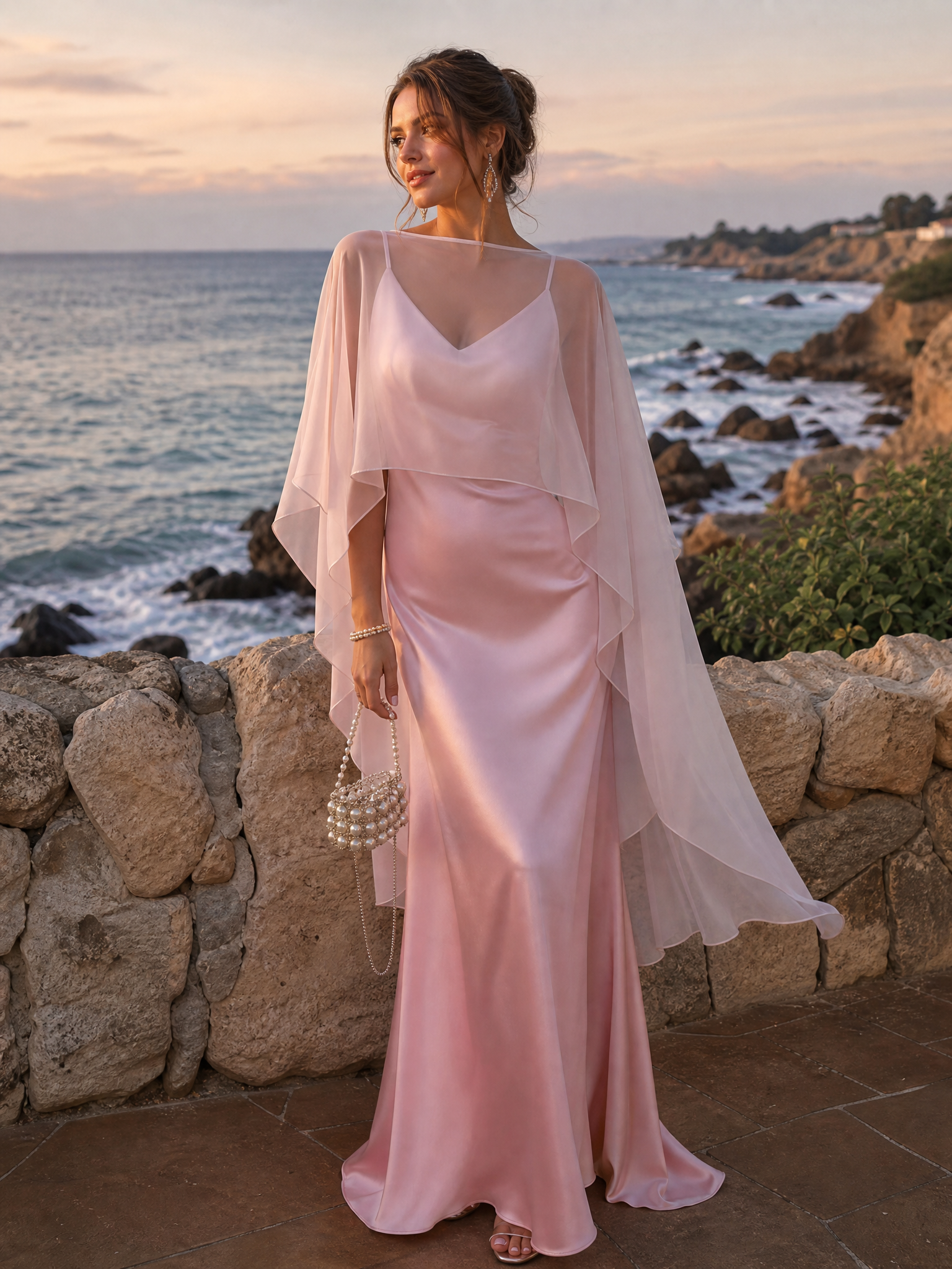 Ethereal Blush Pink Satin Sweetheart Spaghetti Straps Formal Evening Dress with Floral Overlay Cape