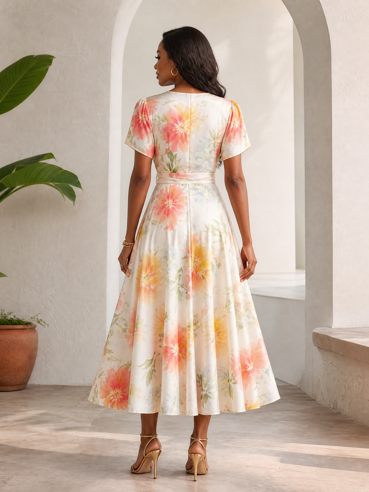 Luminous Ivory Floral Satin V-Neck A-Line Midi Formal Evening Dress