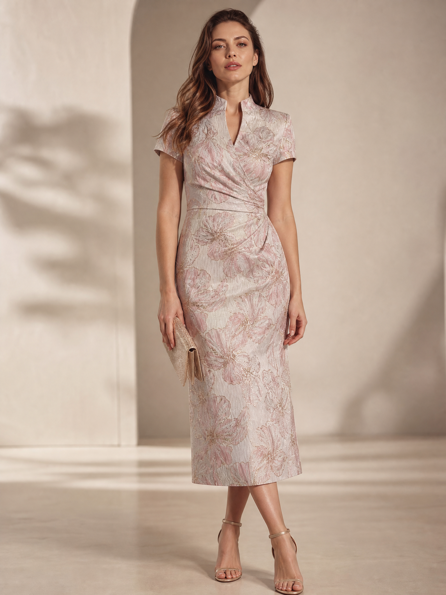 Ethereal Rose Gold Metallic Floral Mandated-Collar Column Midi Gown Dress