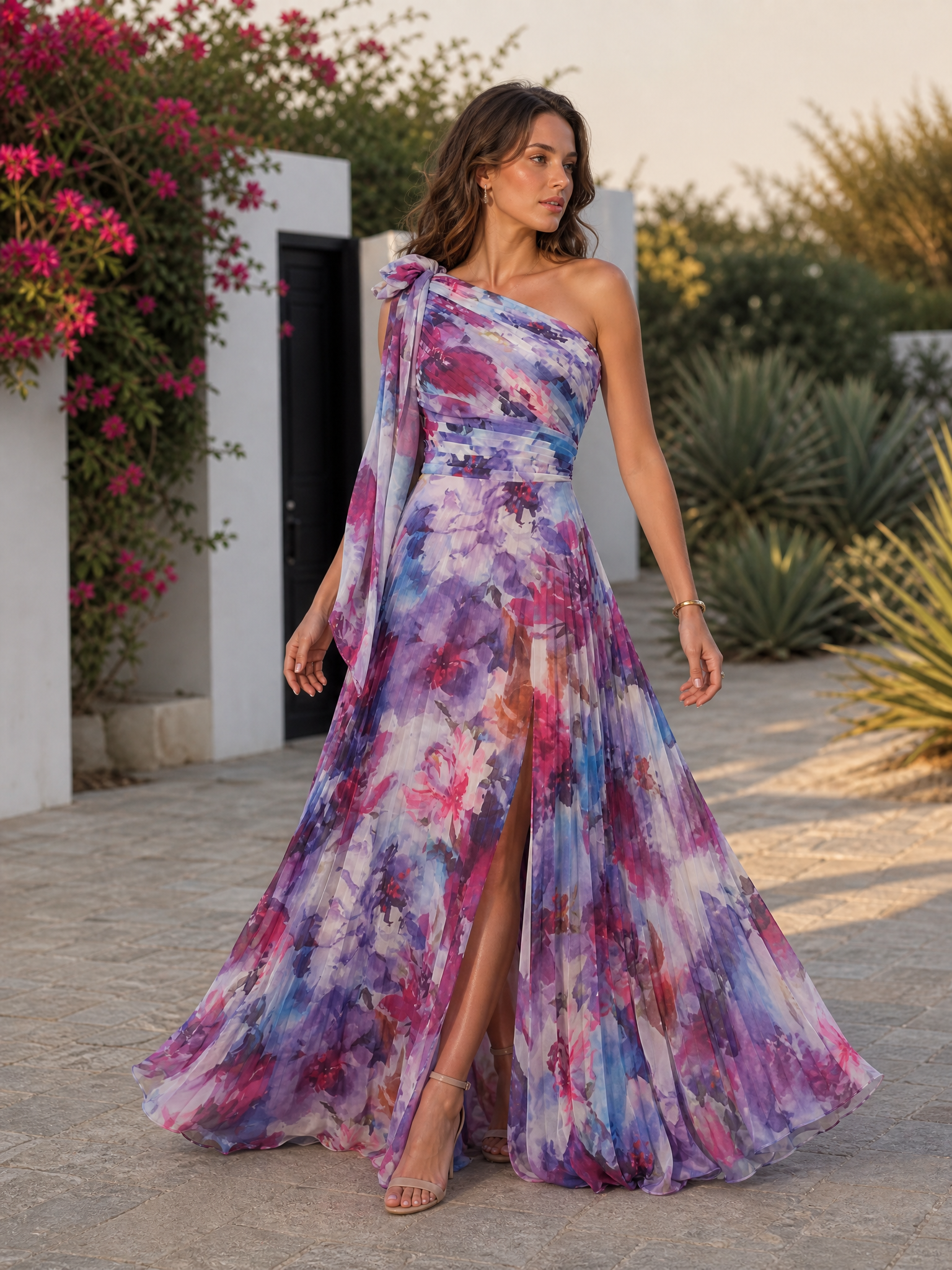 Purple Watercolor One-Shoulder Chiffon A-Line Floor-Length Gown Dress