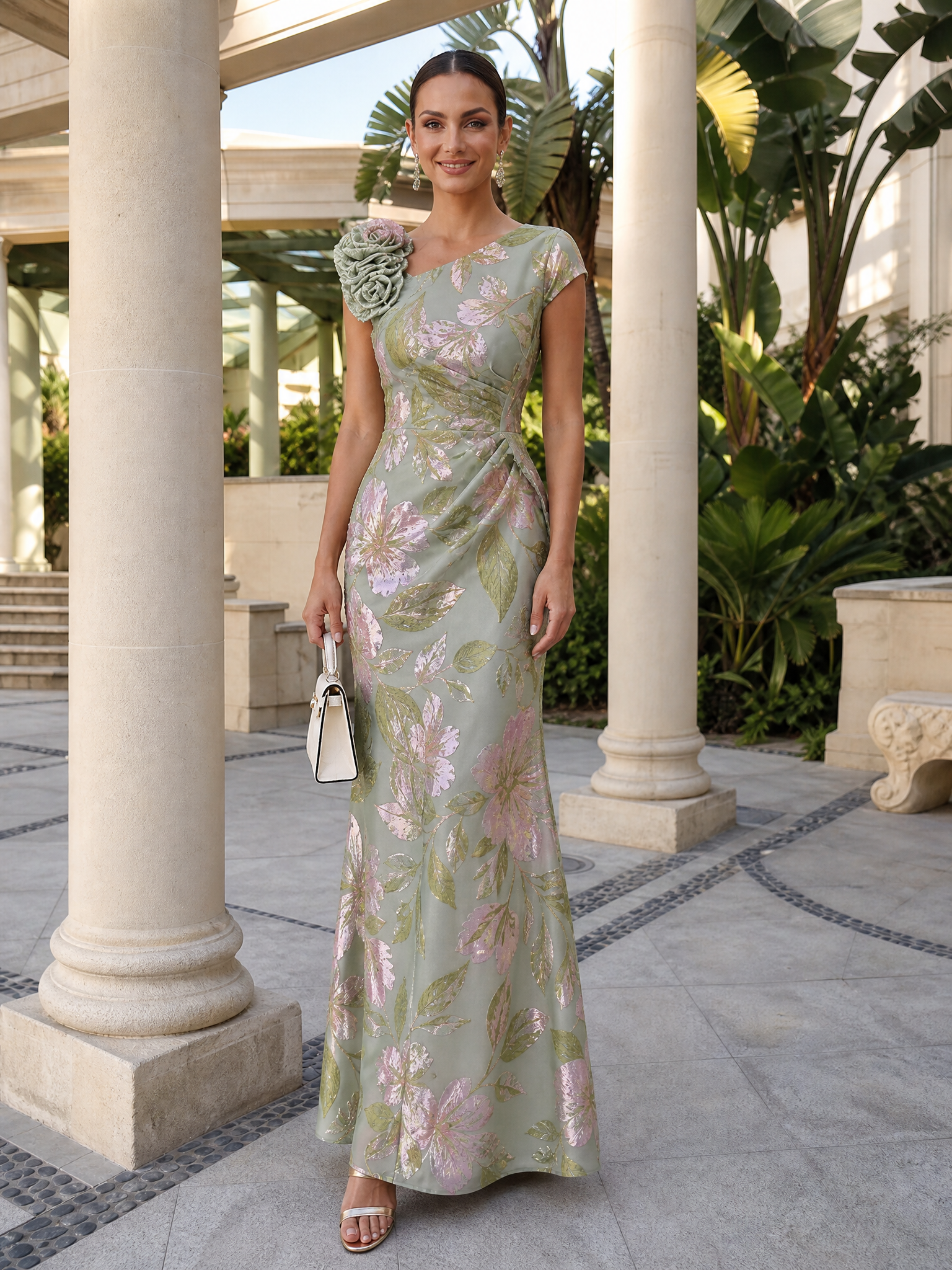 Sage Green Floral Jacquard Cap-Sleeve Sheath Maxi Evening Gown Dress 