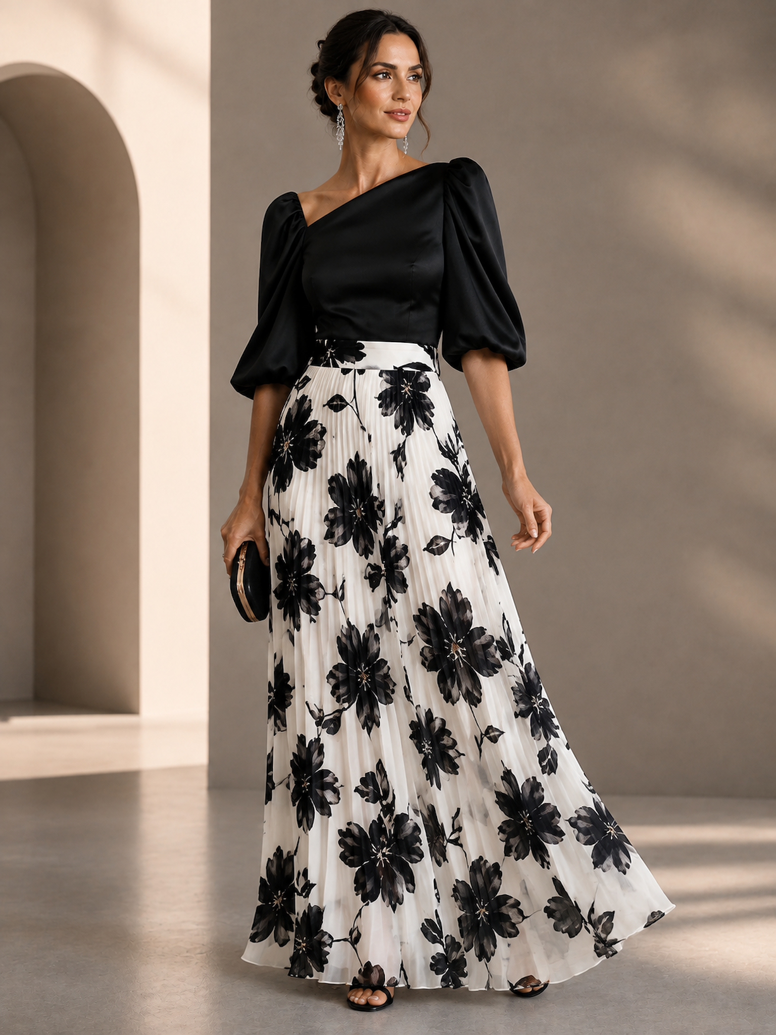 Black Floral One Shoulder Pleated Column Evening Gown Dress 
