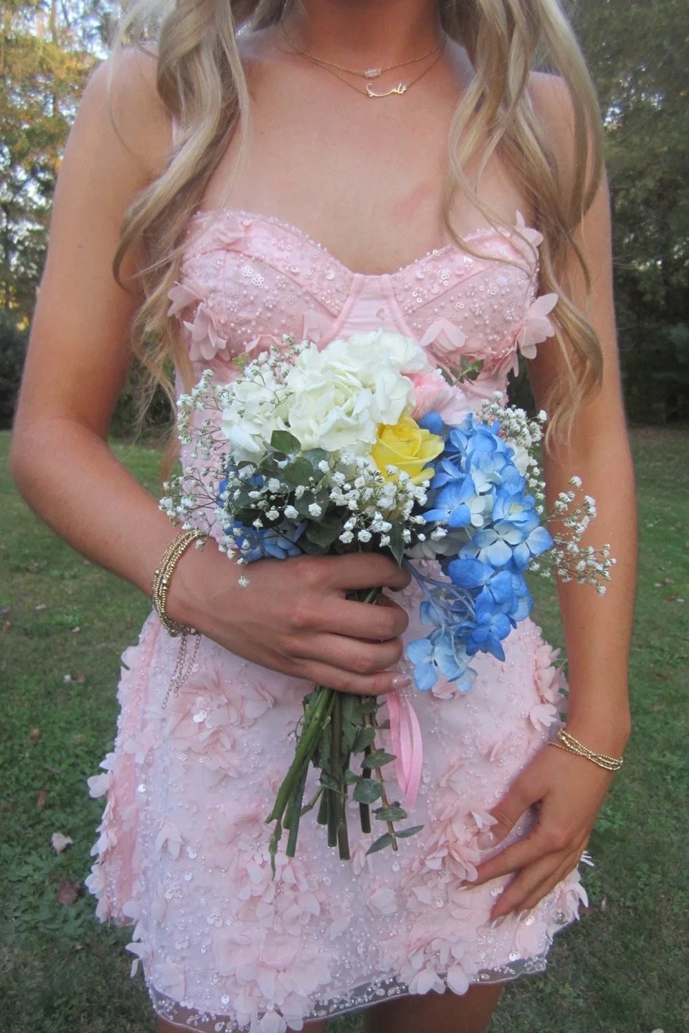 Yellow Sweetheart Sequin Floral Appliqués A-Line Homecoming Dress 