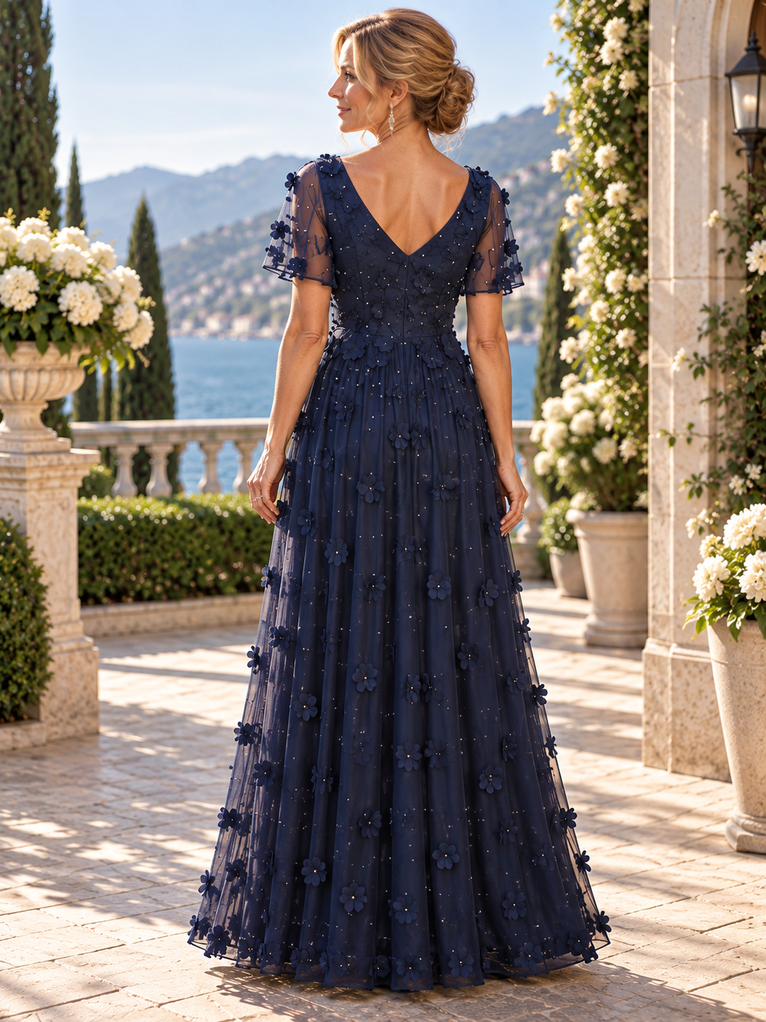 Navy Blue Flutter Sleeve 3D Floral Beaded Tulle V-Neck A-Line Mother of the Bride & Groom Dresses 