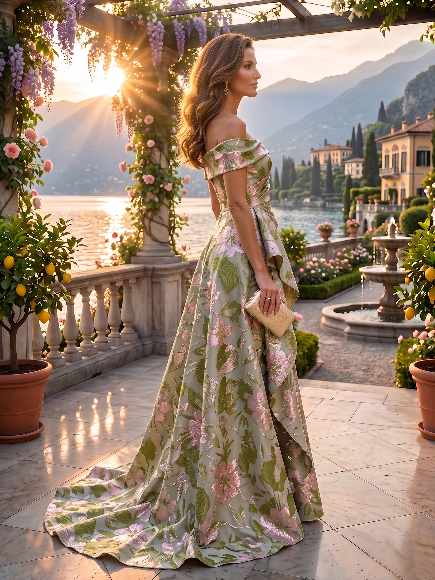 Sage Green Ethereal Floral Jacquard Off-the-Shoulder Mother of the Bride & Groom Dresses