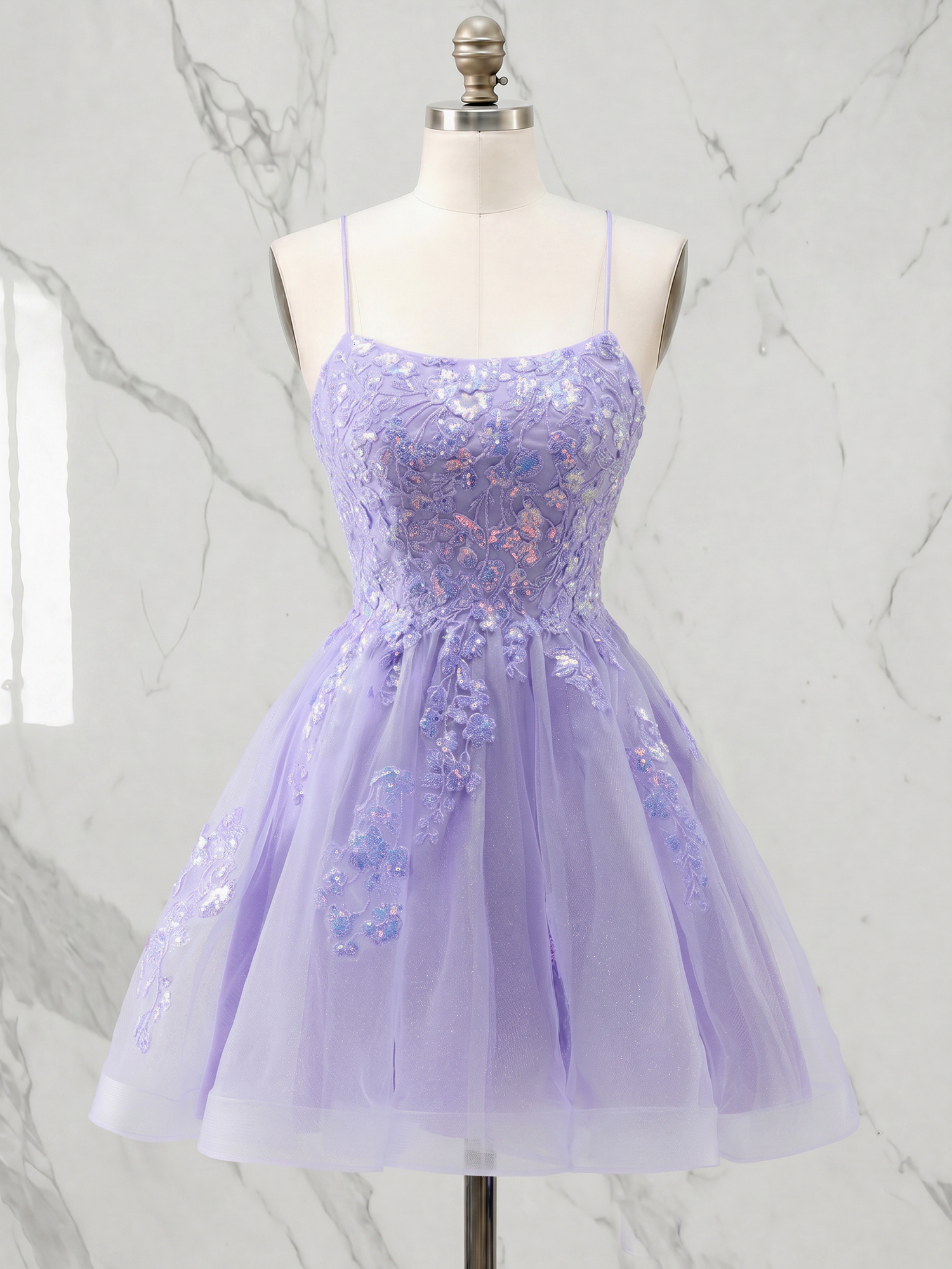 Whimsical Lavender Floral Lace Tulle A-Line Homecoming Dress with Strappy Lace-Up Back