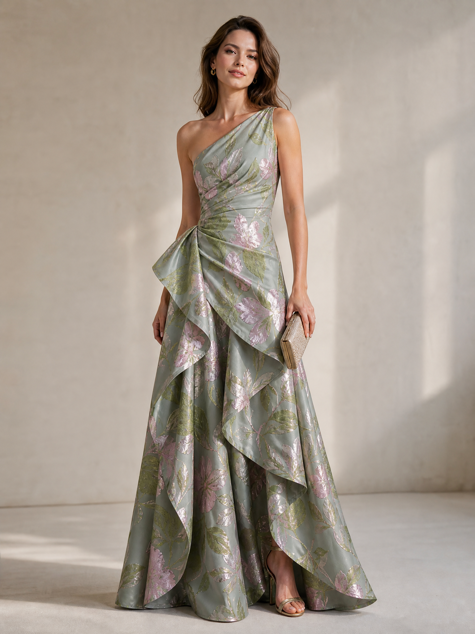 Sage Floral Jacquard One-Shoulder A-Line Formal Evening Dress