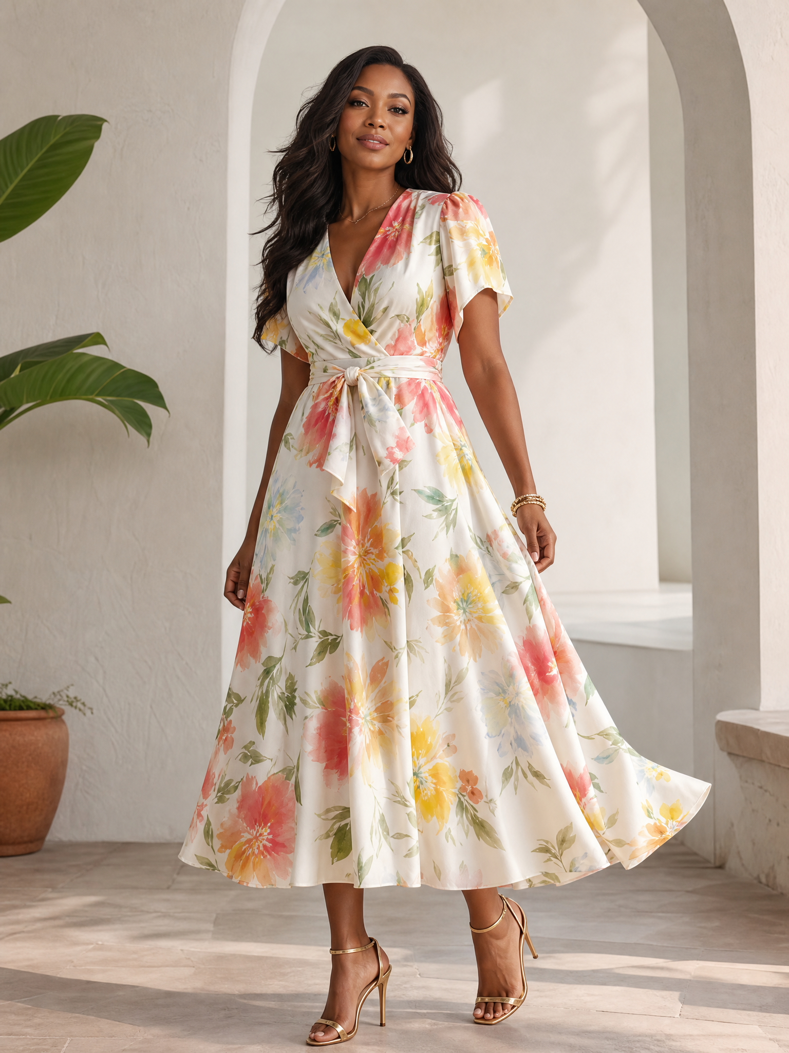Luminous Ivory Floral Satin V-Neck A-Line Midi Formal Evening Dress