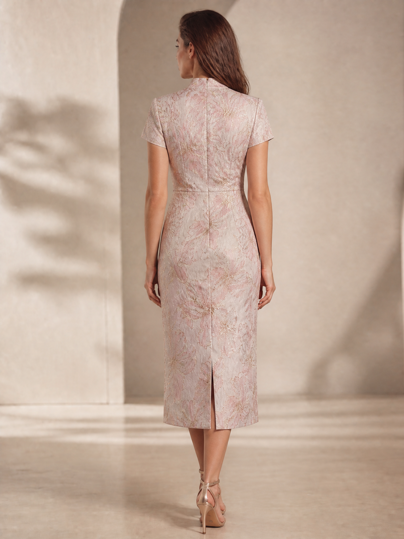 Ethereal Rose Gold Metallic Floral Mandated-Collar Column Midi Gown Dress