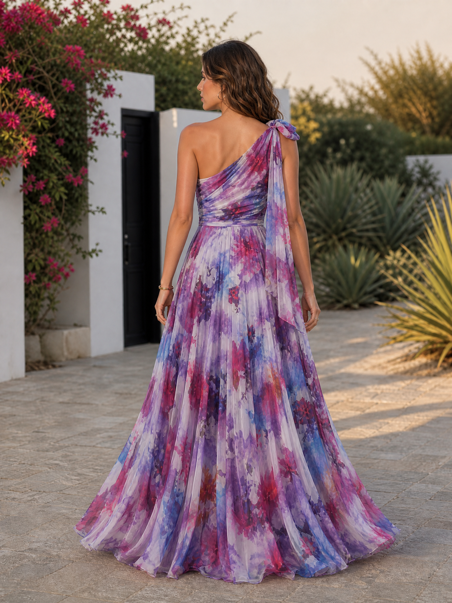 Purple Watercolor One-Shoulder Chiffon A-Line Floor-Length Gown Dress