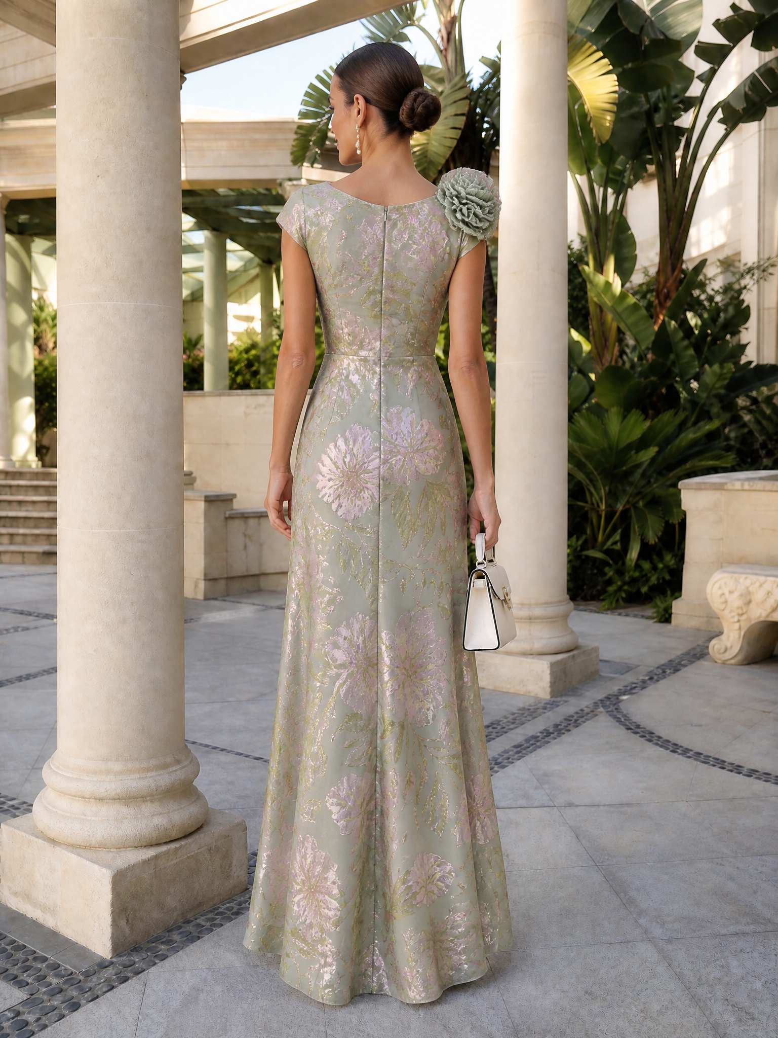 Sage Green Floral Jacquard Cap-Sleeve Sheath Maxi Evening Gown Dress 
