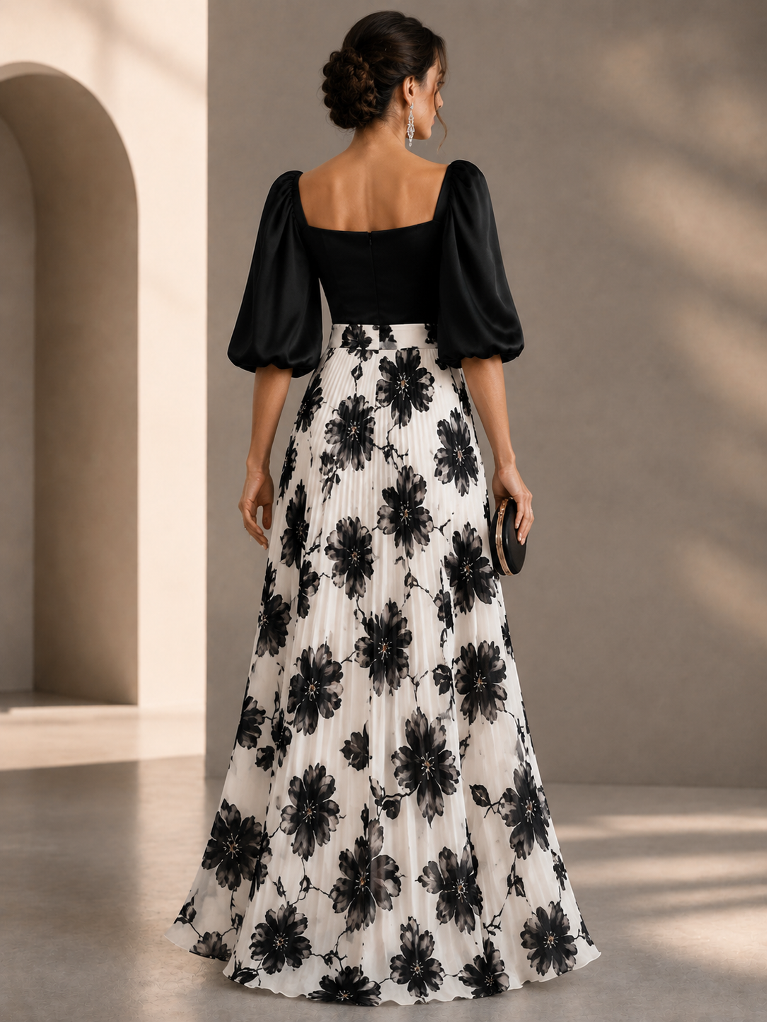 Black Floral One Shoulder Pleated Column Evening Gown Dress 