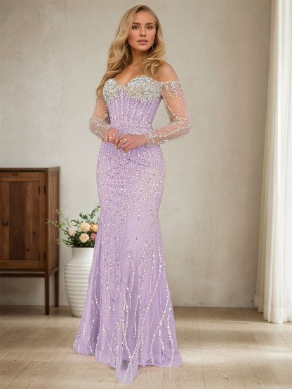 Champagne Crystal Embellished Off-the-Shoulder Mermaid Evening Gown