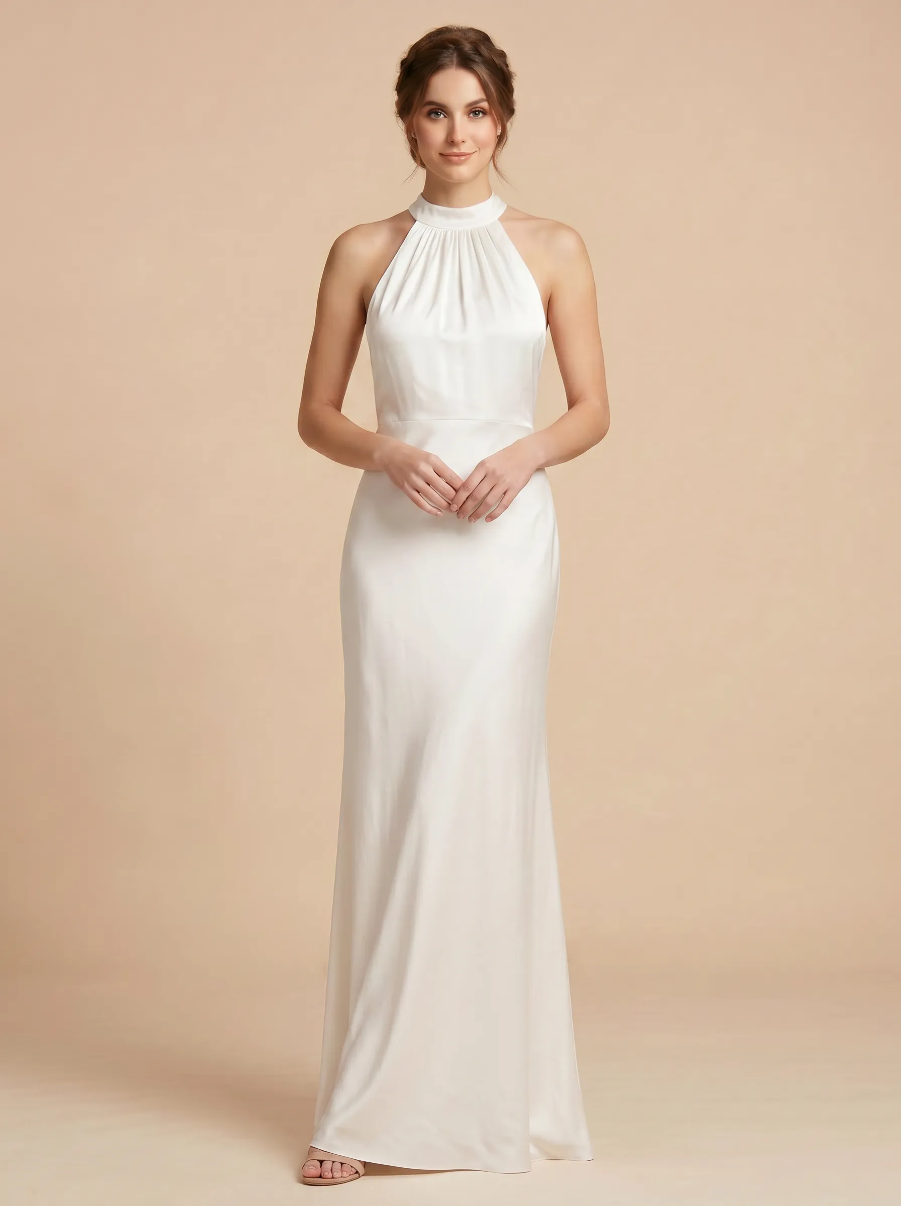 Halter Neck Satin Sheath Bridesmaid Dress with Back Bow