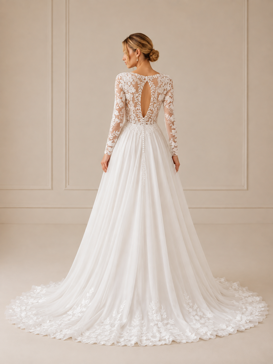 White V-Neck Long-Sleeve Lace Applique A-Line Wedding Dress 