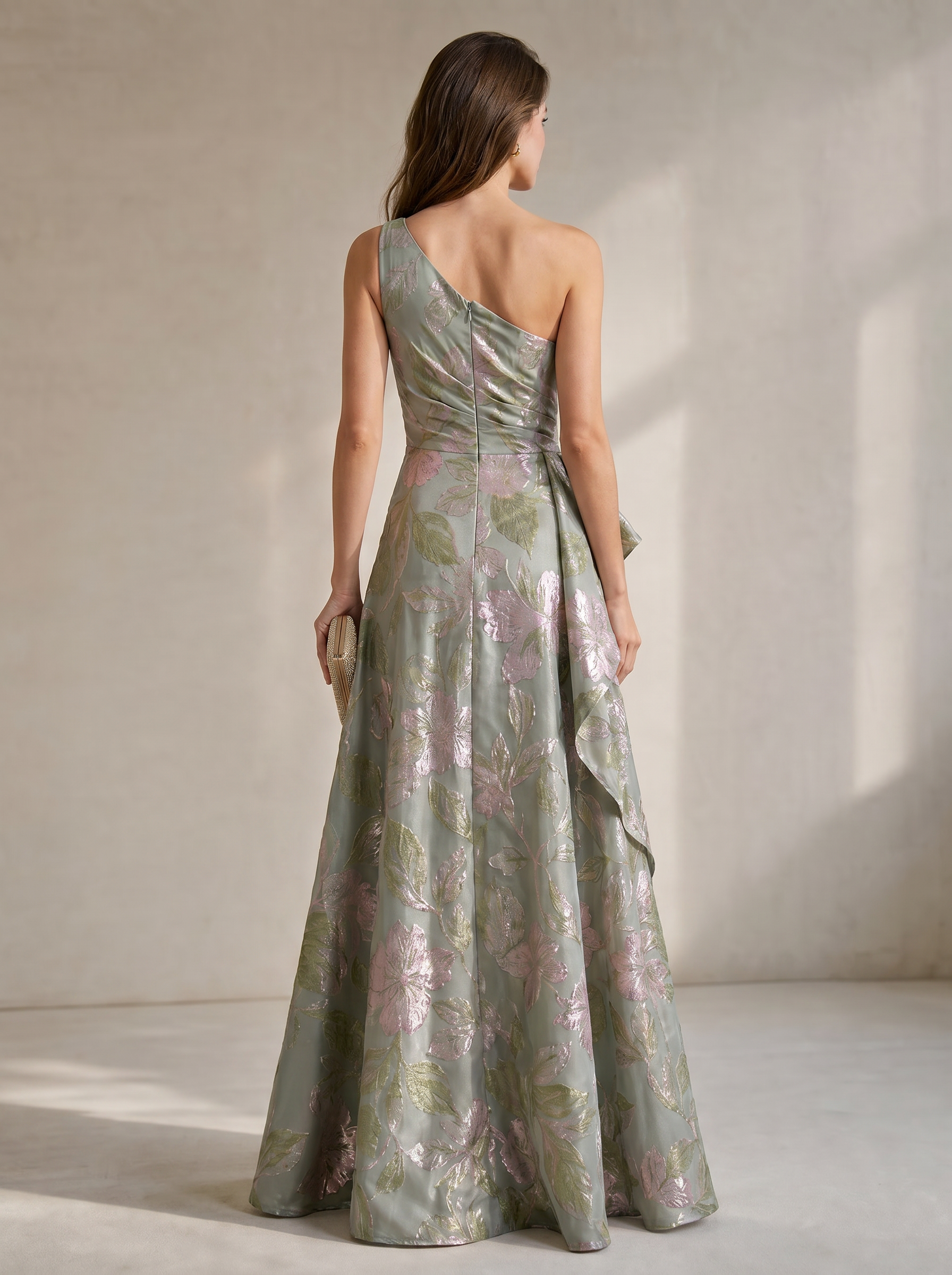 Sage Floral Jacquard One-Shoulder A-Line Formal Evening Dress