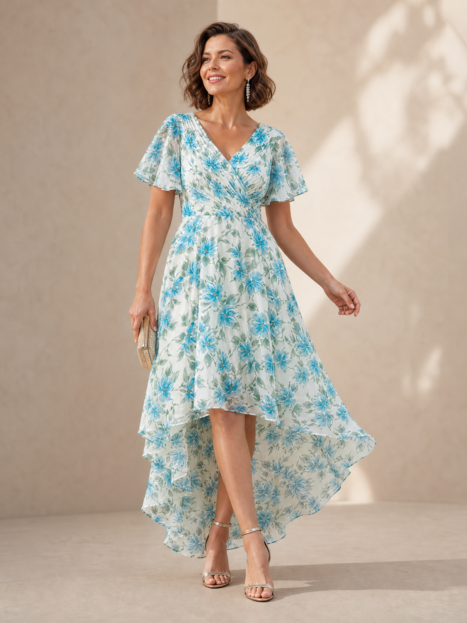 Luminous Blue Floral Chiffon Flutter-Sleeve High-Low V-Neck A-Line Midi Formal Evening Dress
