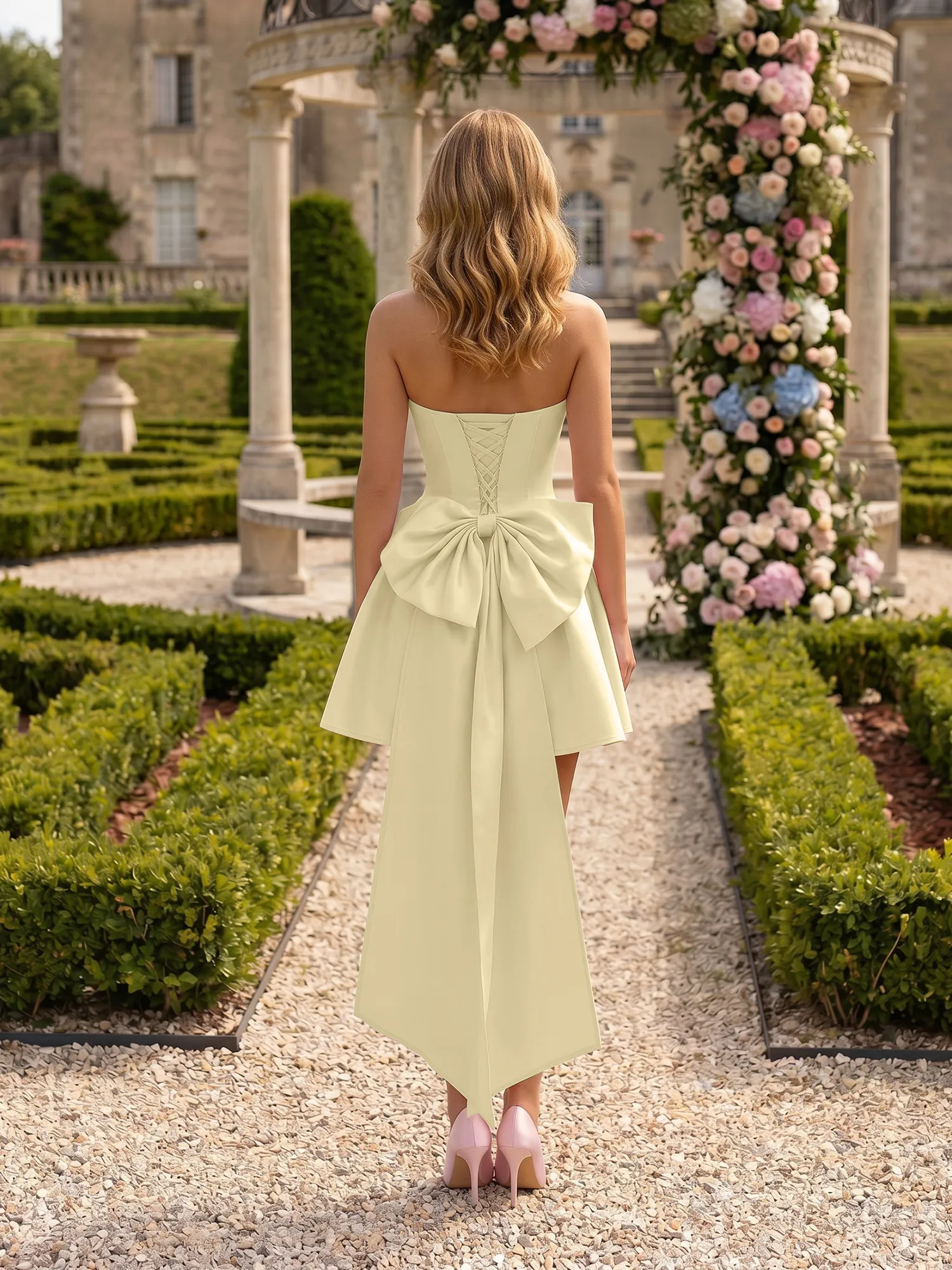 Strapless Draped Satin High-Low Homecoming Dress with Oversized Bow Back