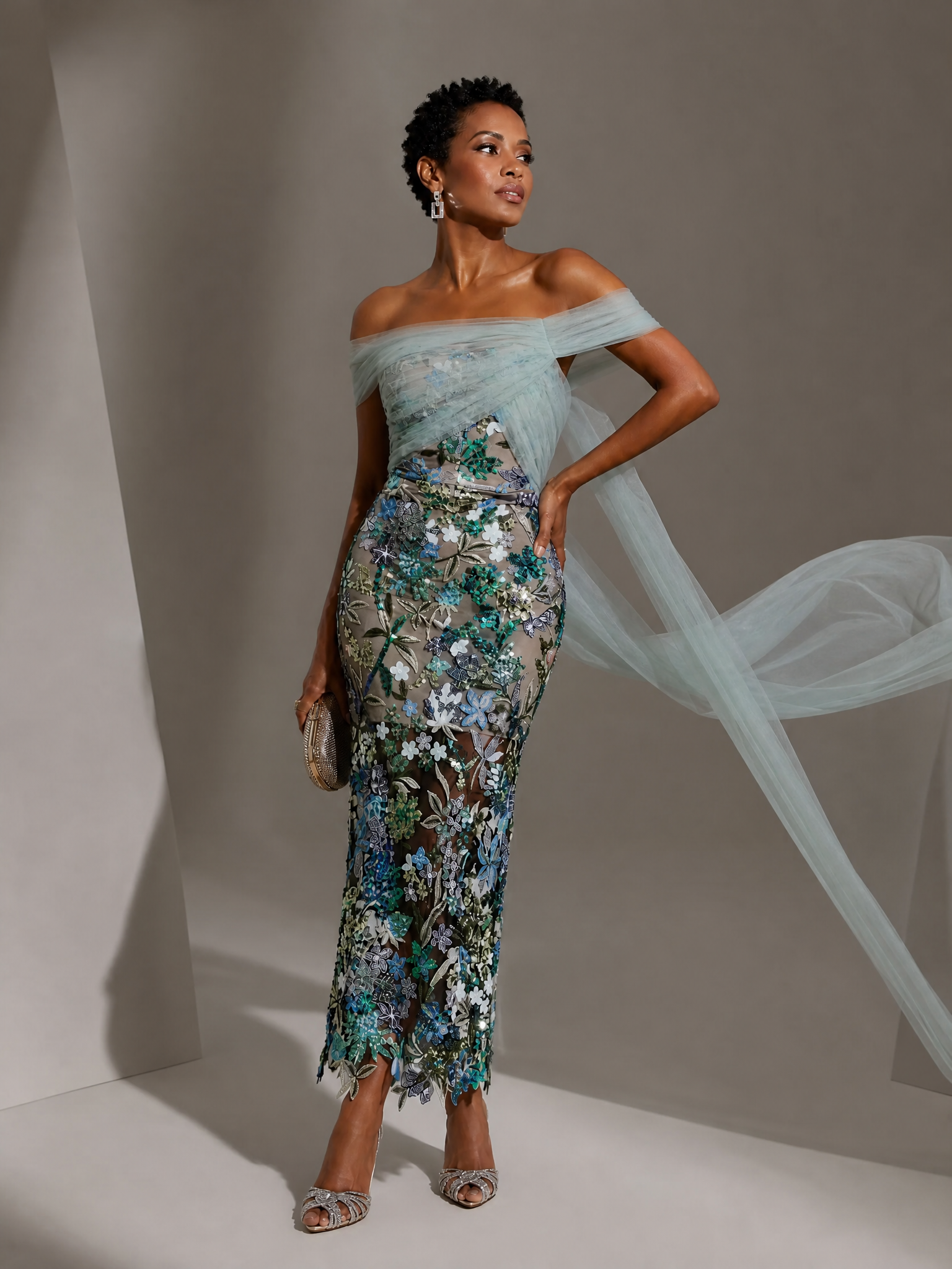 Dusty Blue Off-the-Shoulder Embroidered Tulle Column Evening Gown Dress 