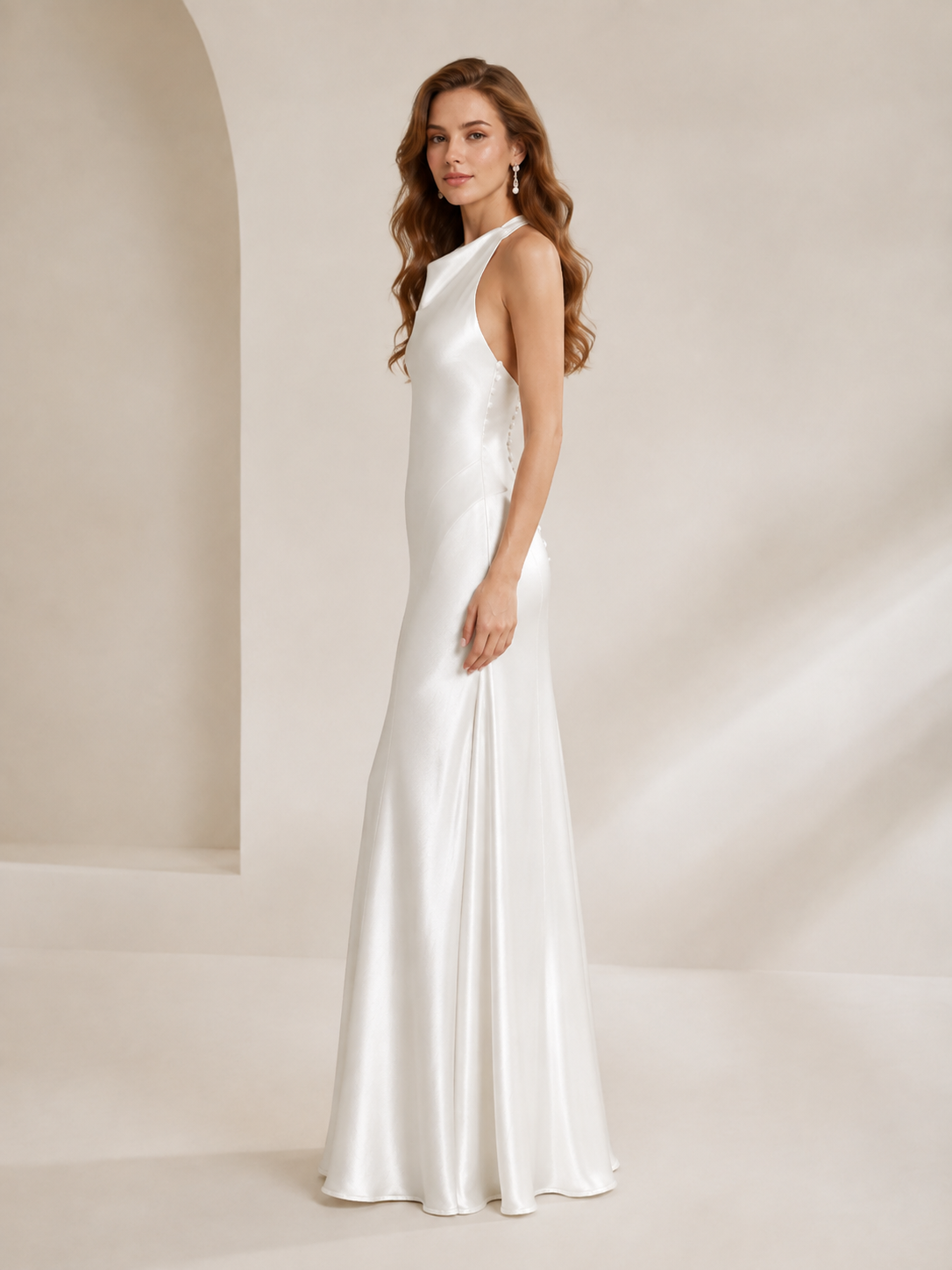 White Mermaid Halter Charmeuse Satin Wedding Dress