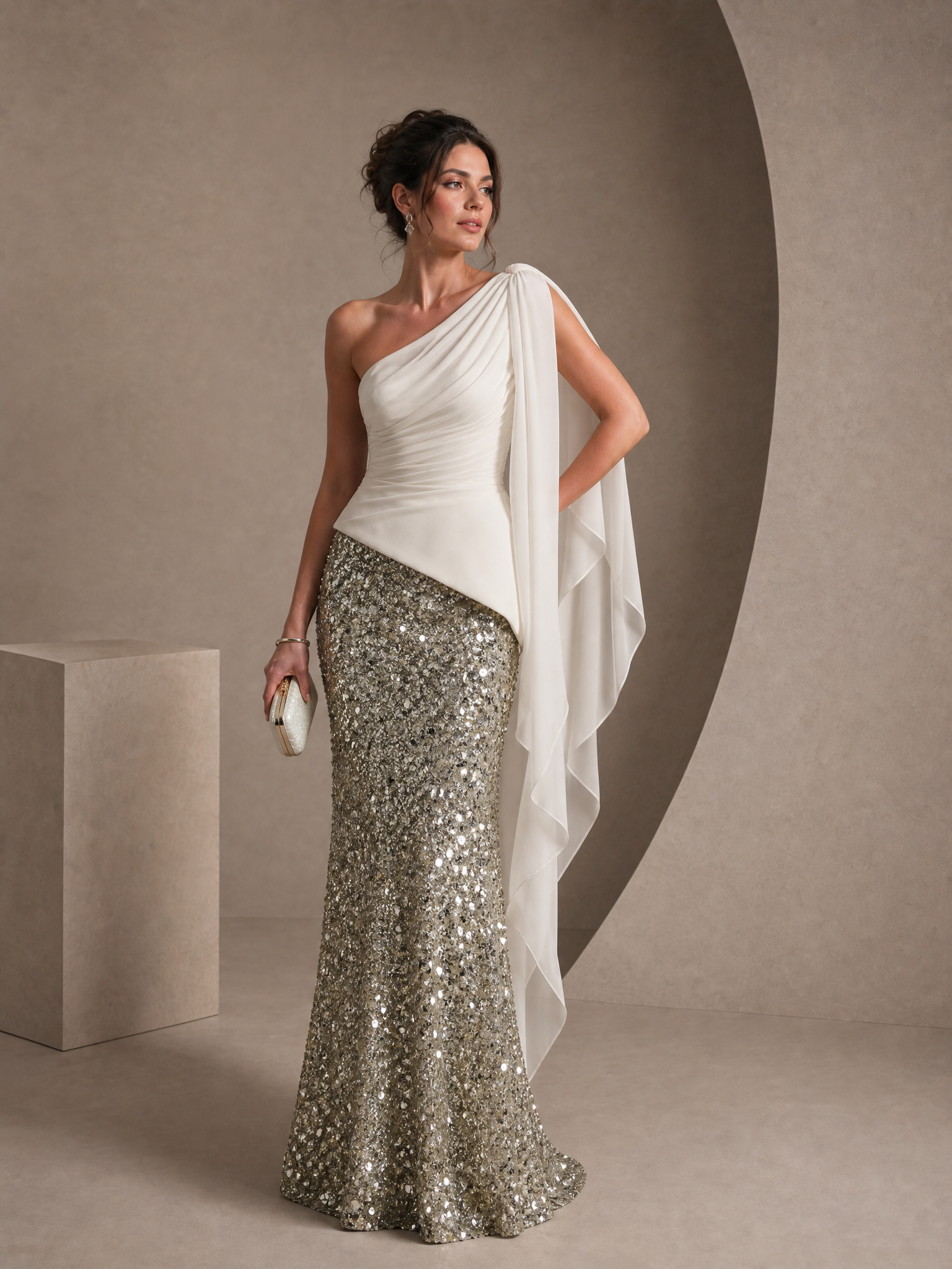 Sophisticated White Two-Tone Chiffon and Sequin One-Shoulder Formal Evening Dress