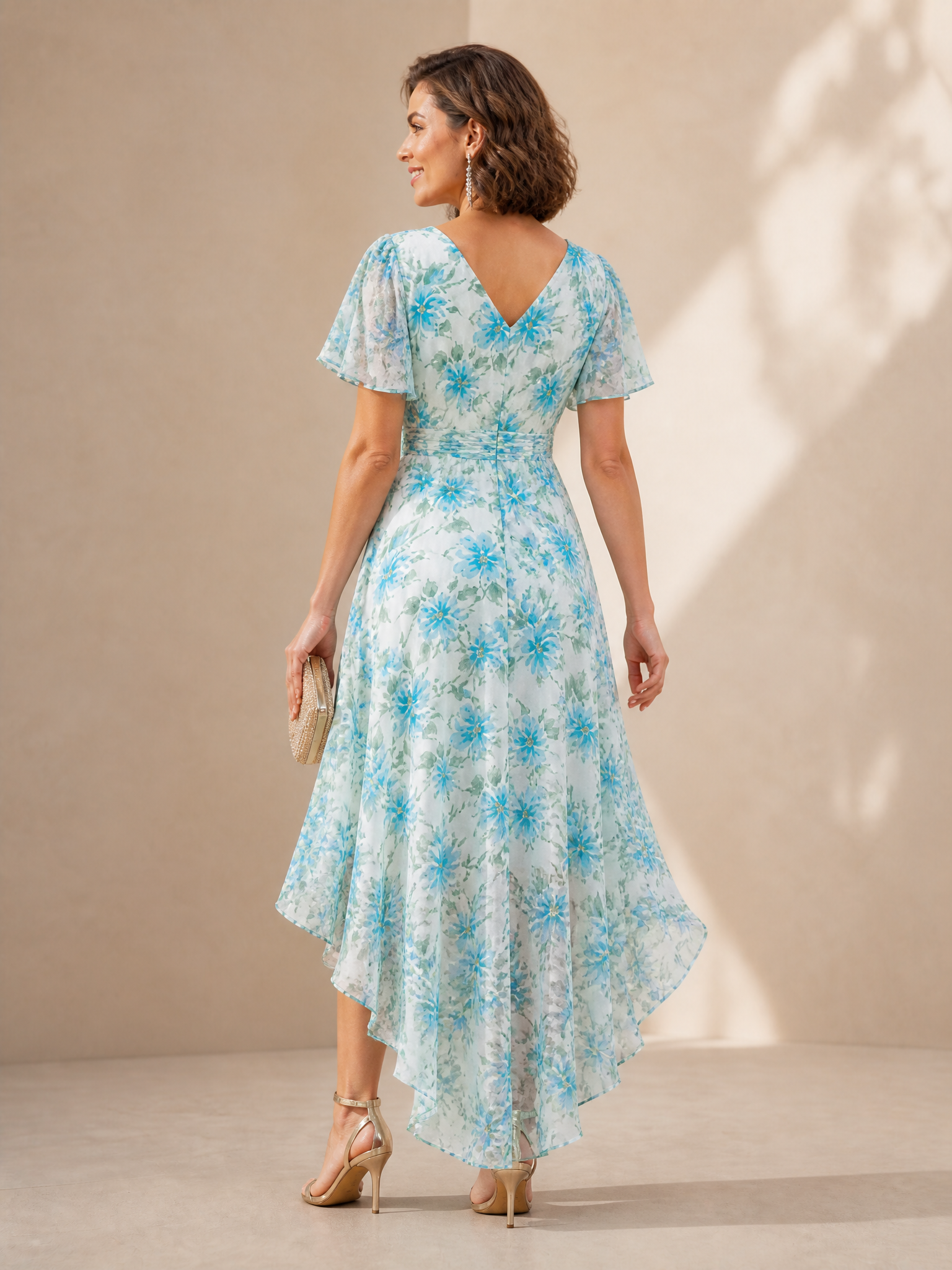 Luminous Blue Floral Chiffon Flutter-Sleeve High-Low V-Neck A-Line Midi Formal Evening Dress