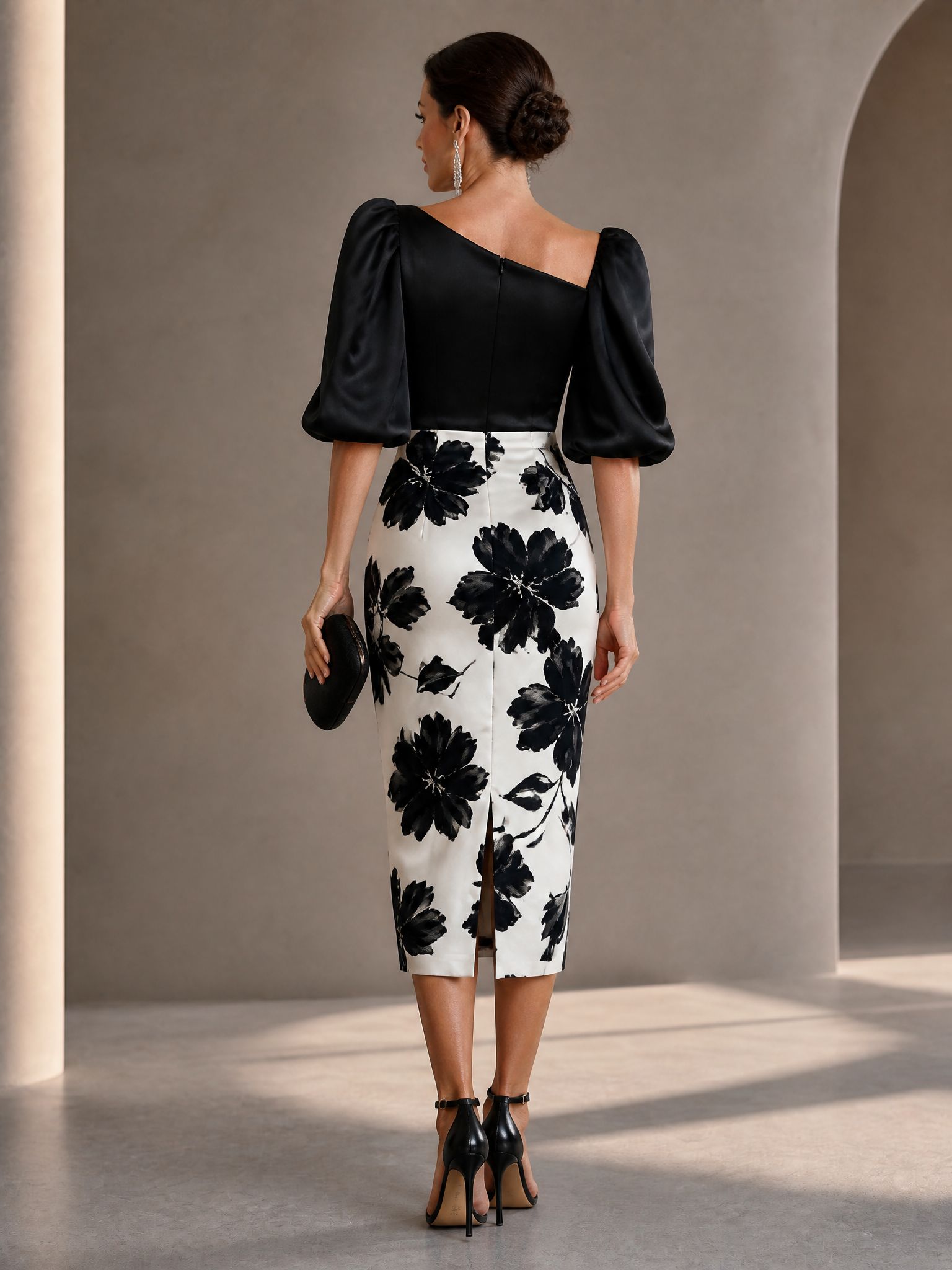 Ethereal Black Floral Puff-Sleeve Asymmetrical Neckline Sheath Midi Gown Dress