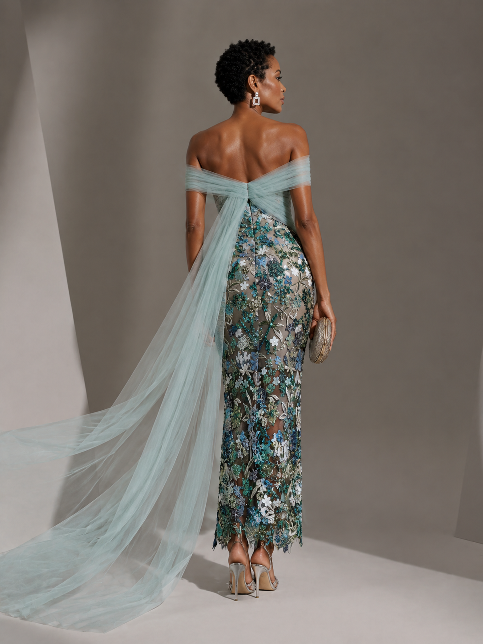 Dusty Blue Off-the-Shoulder Embroidered Tulle Column Evening Gown Dress 