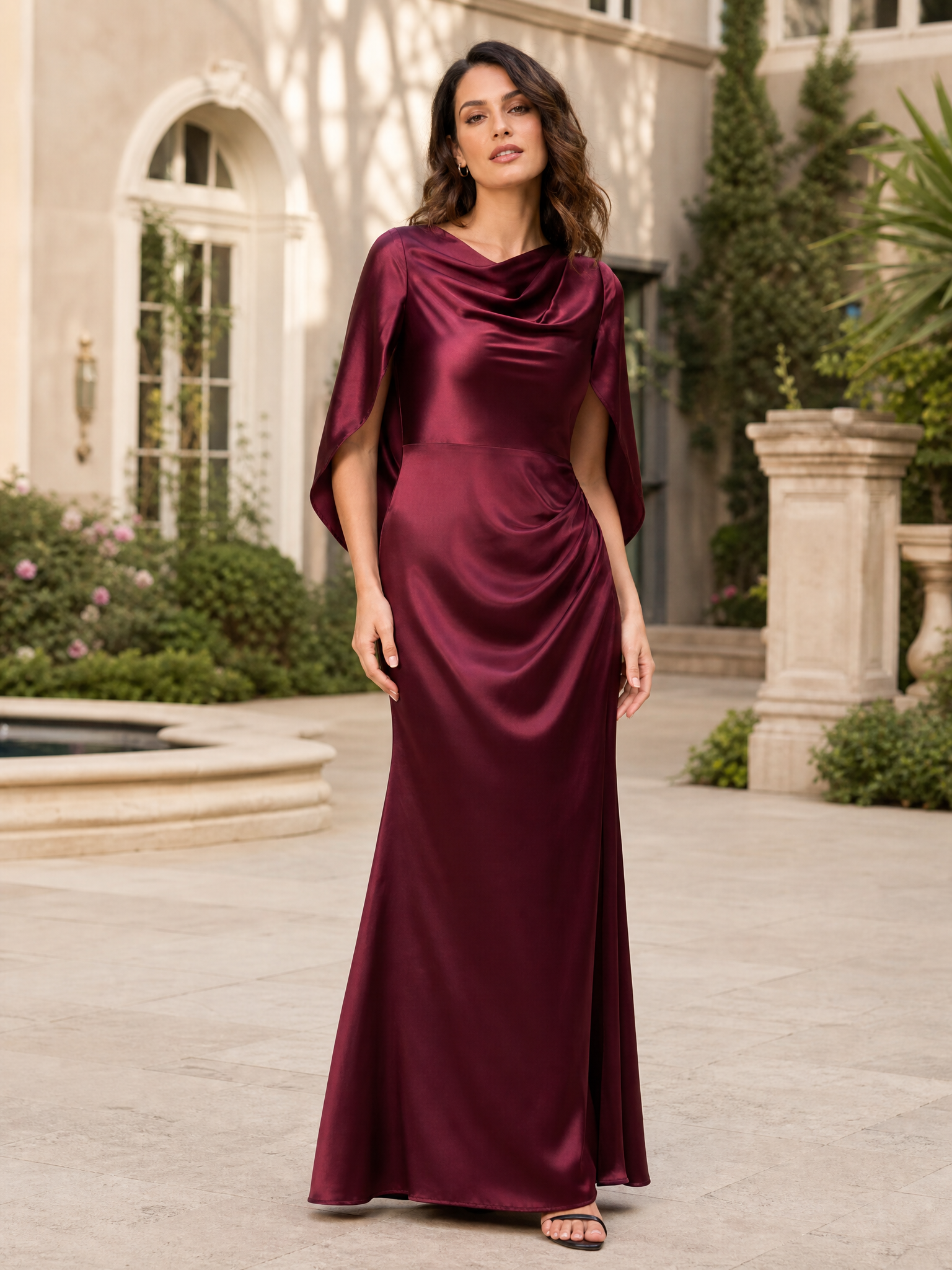 Luxurious Burgundy Satin Cowl-Neck Sheath Formal Evening Dress 
