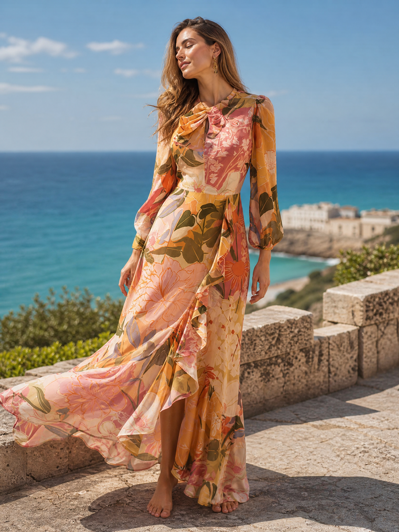 Peach Floral Tie-Neck Long-Sleeve A-Line Maxi Gown Dress