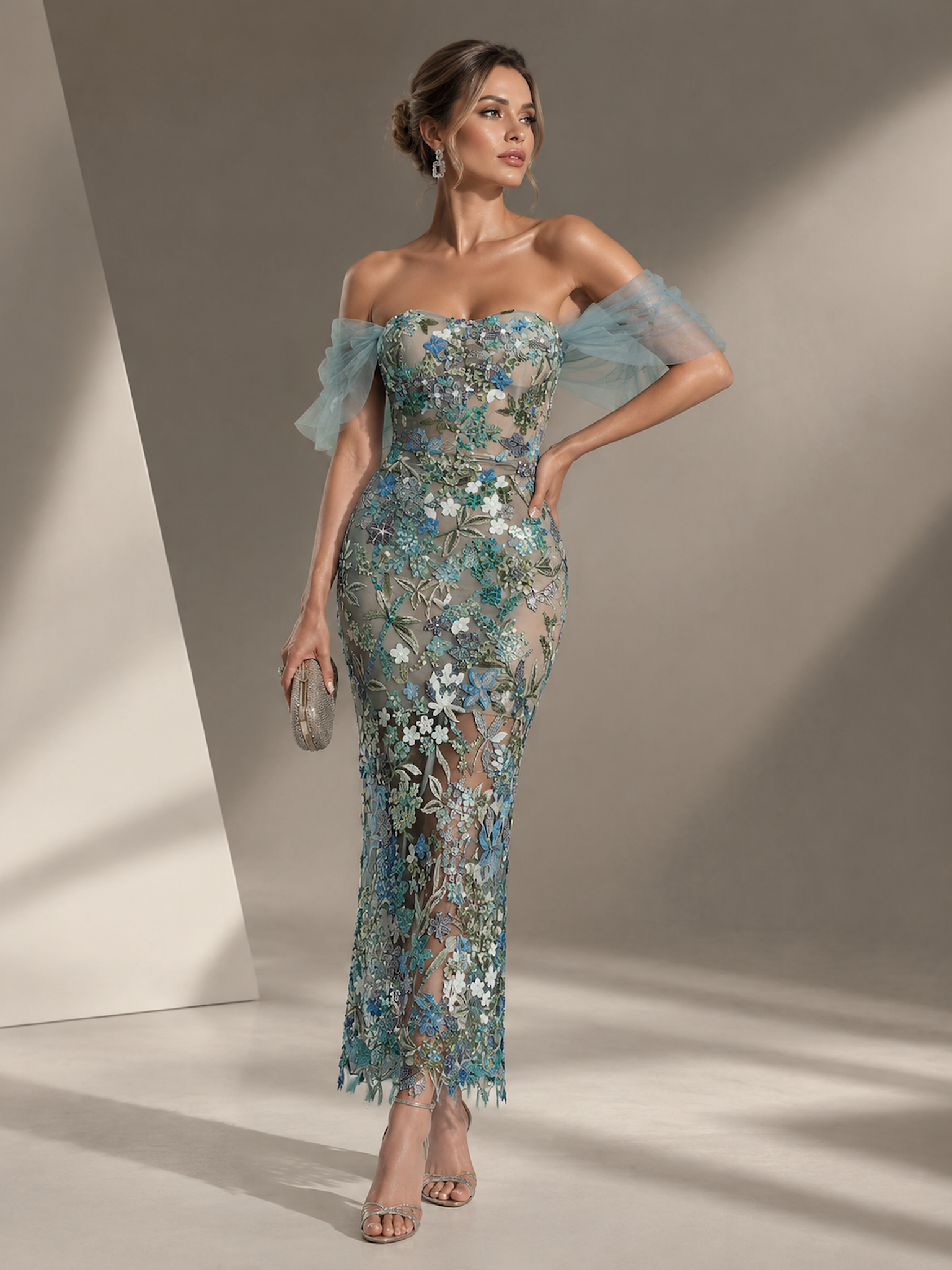 Dusty Blue Off-the-Shoulder Sweetheart Floral Embroidered Column Evening Gown Dress 