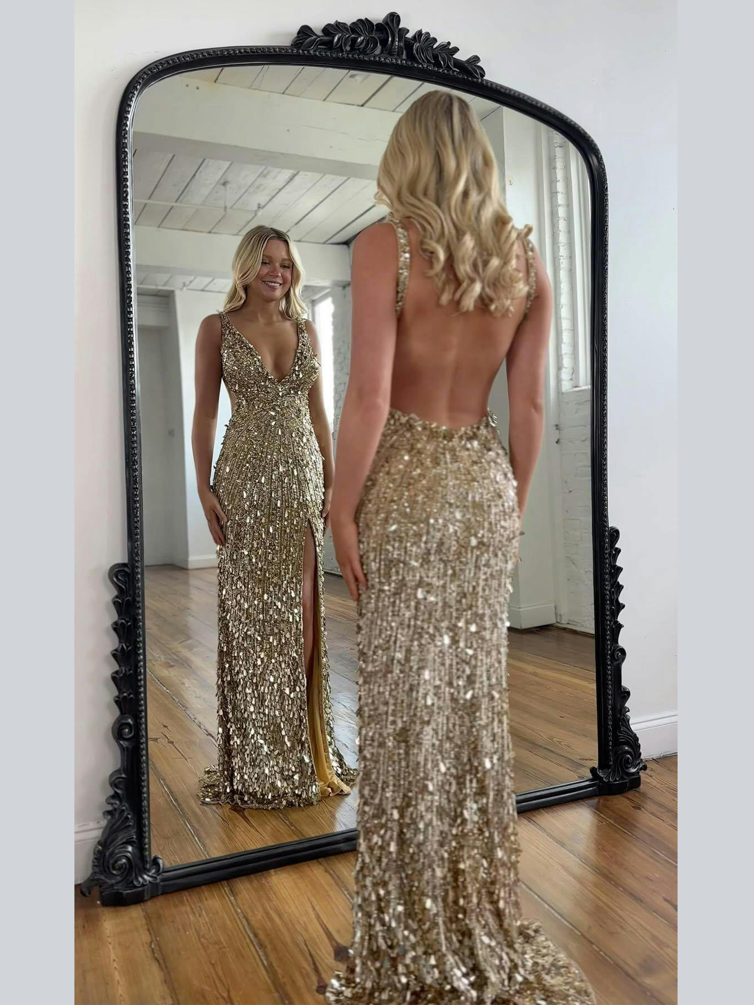 Mermaid V-Neck Backless Long Tight Sequin Prom Dress with Slit