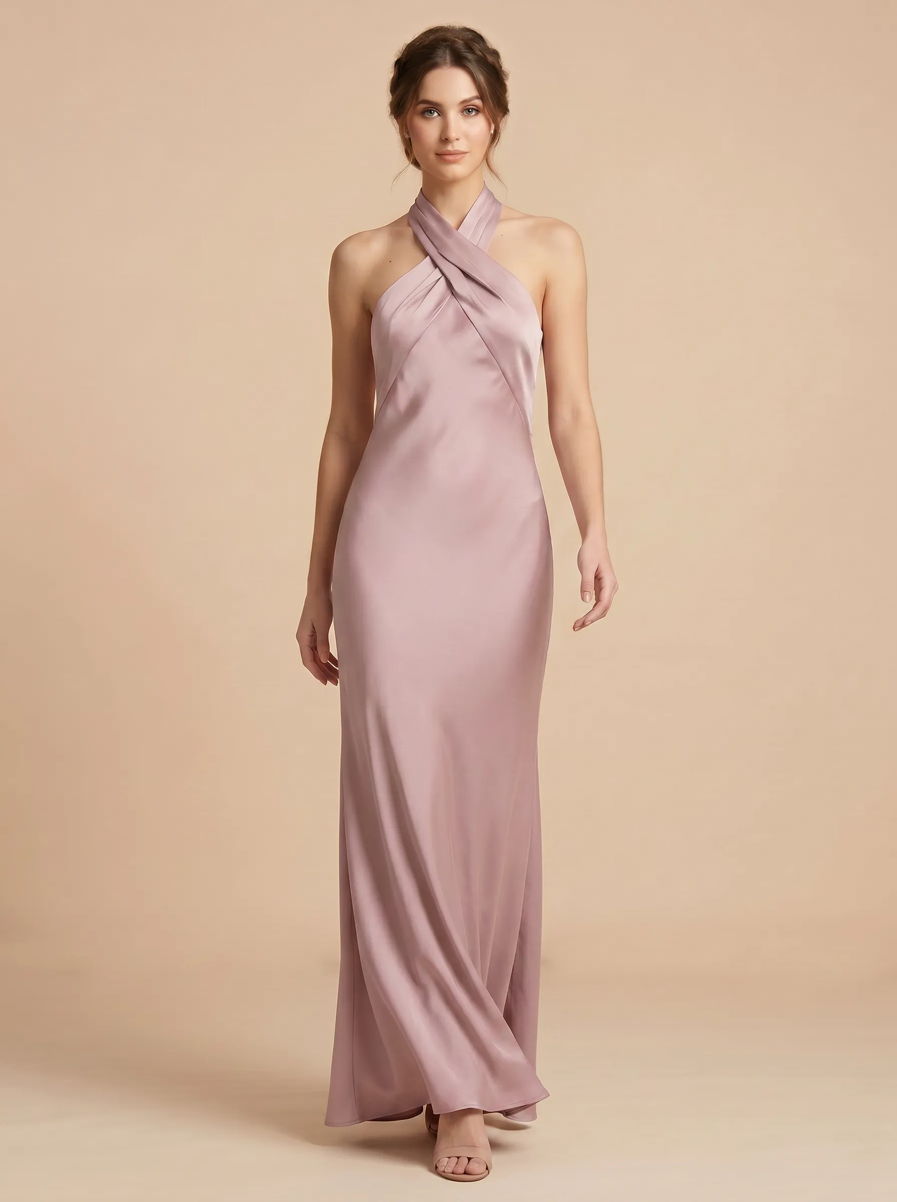 Dusty Rose Cross Halter Neck Satin Mermaid Bridesmaid Dress