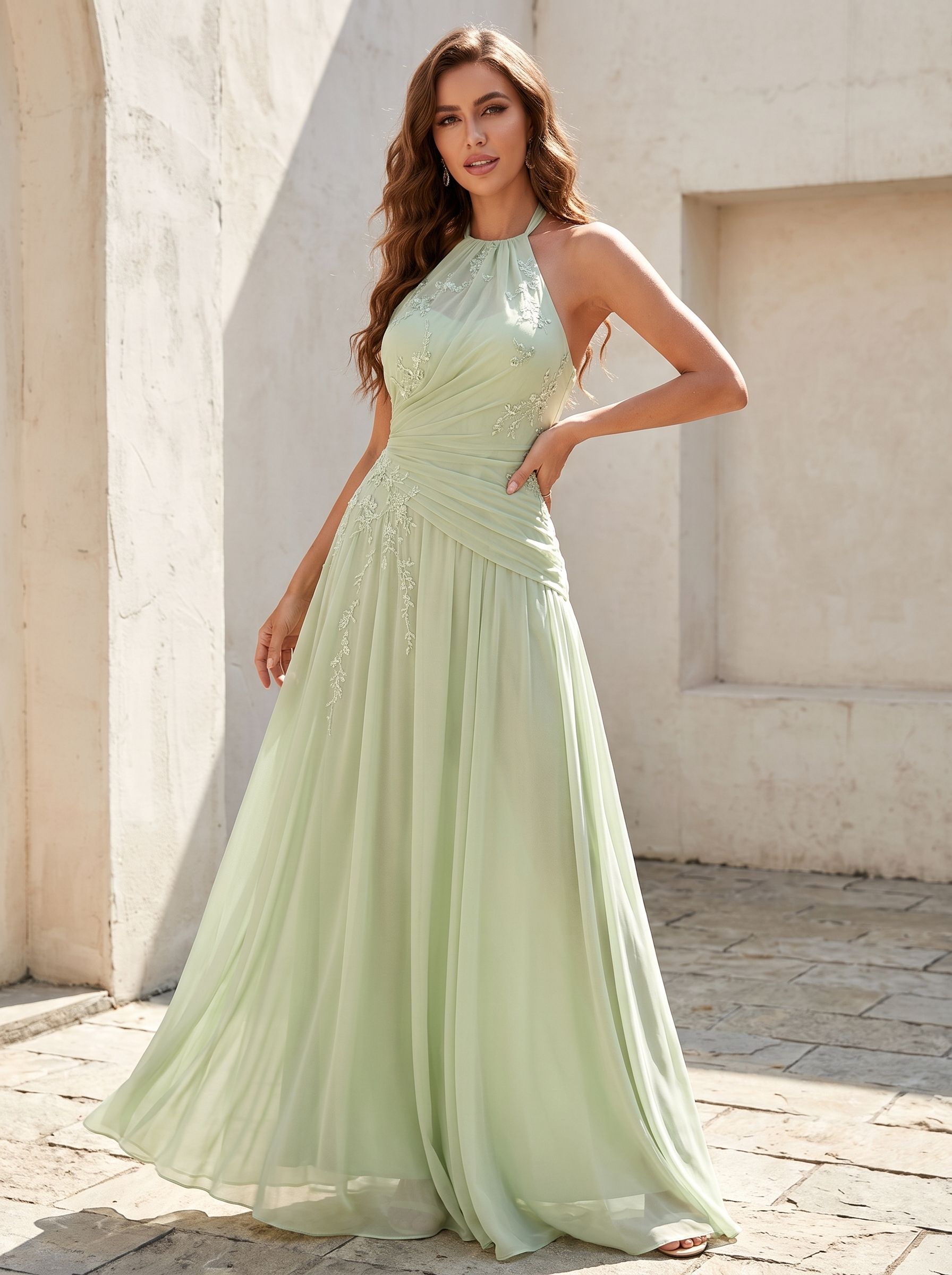 Ethereal Sage Green Chiffon Halter A-Line Formal Evening Dress
