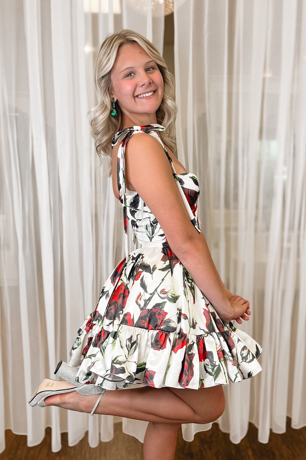 White Red Print A-Line Short Homecoming Dress With Ruffles
