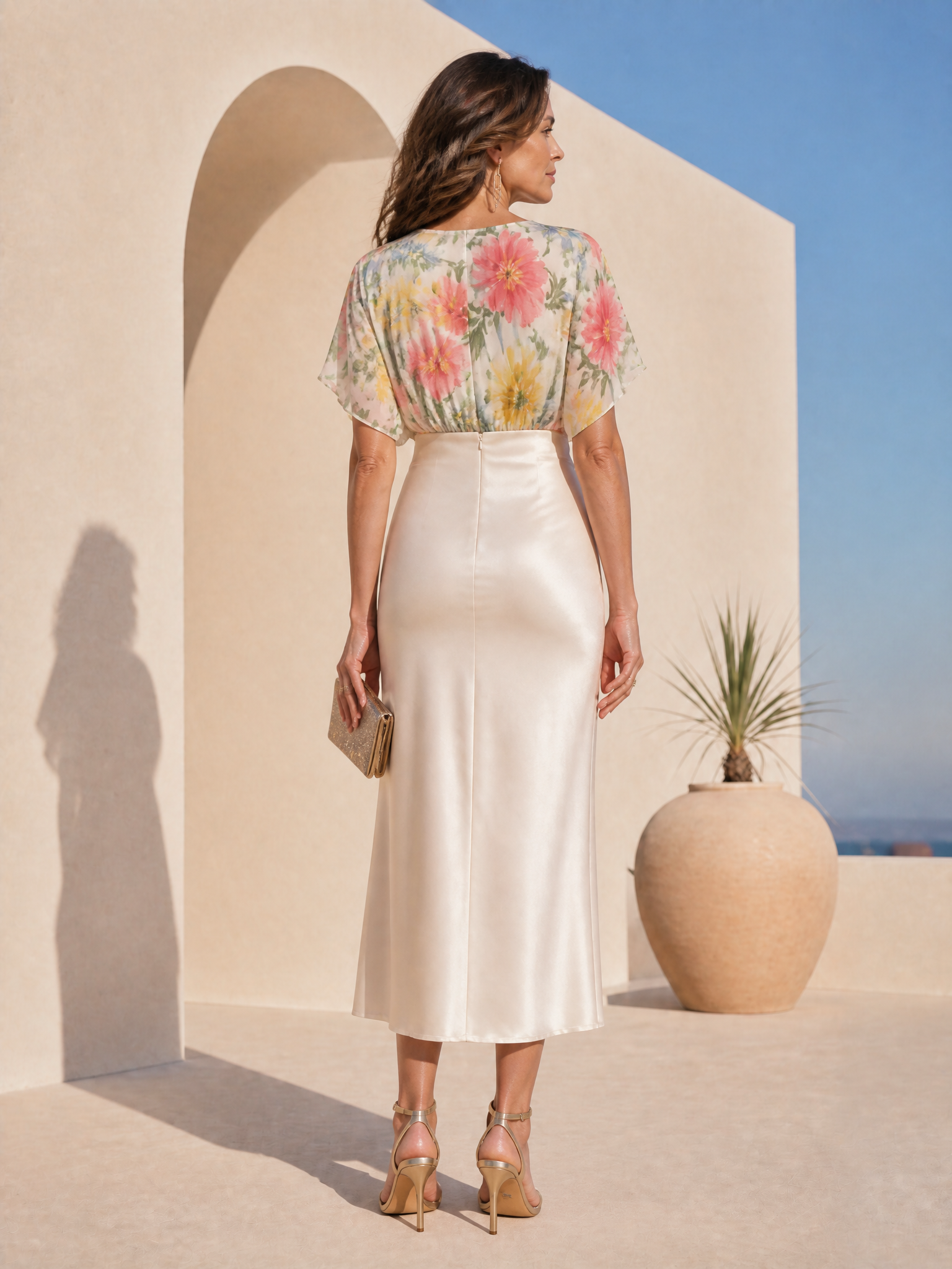 Sunset Floral V-Neck Satin Sheath Midi Formal Evening Dress 