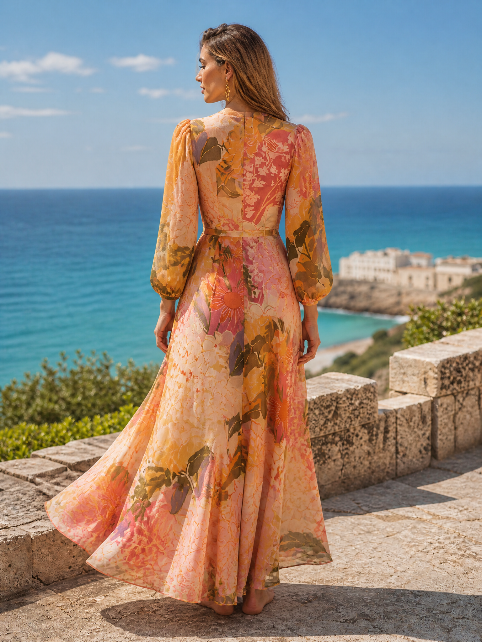 Peach Floral Tie-Neck Long-Sleeve A-Line Maxi Gown Dress