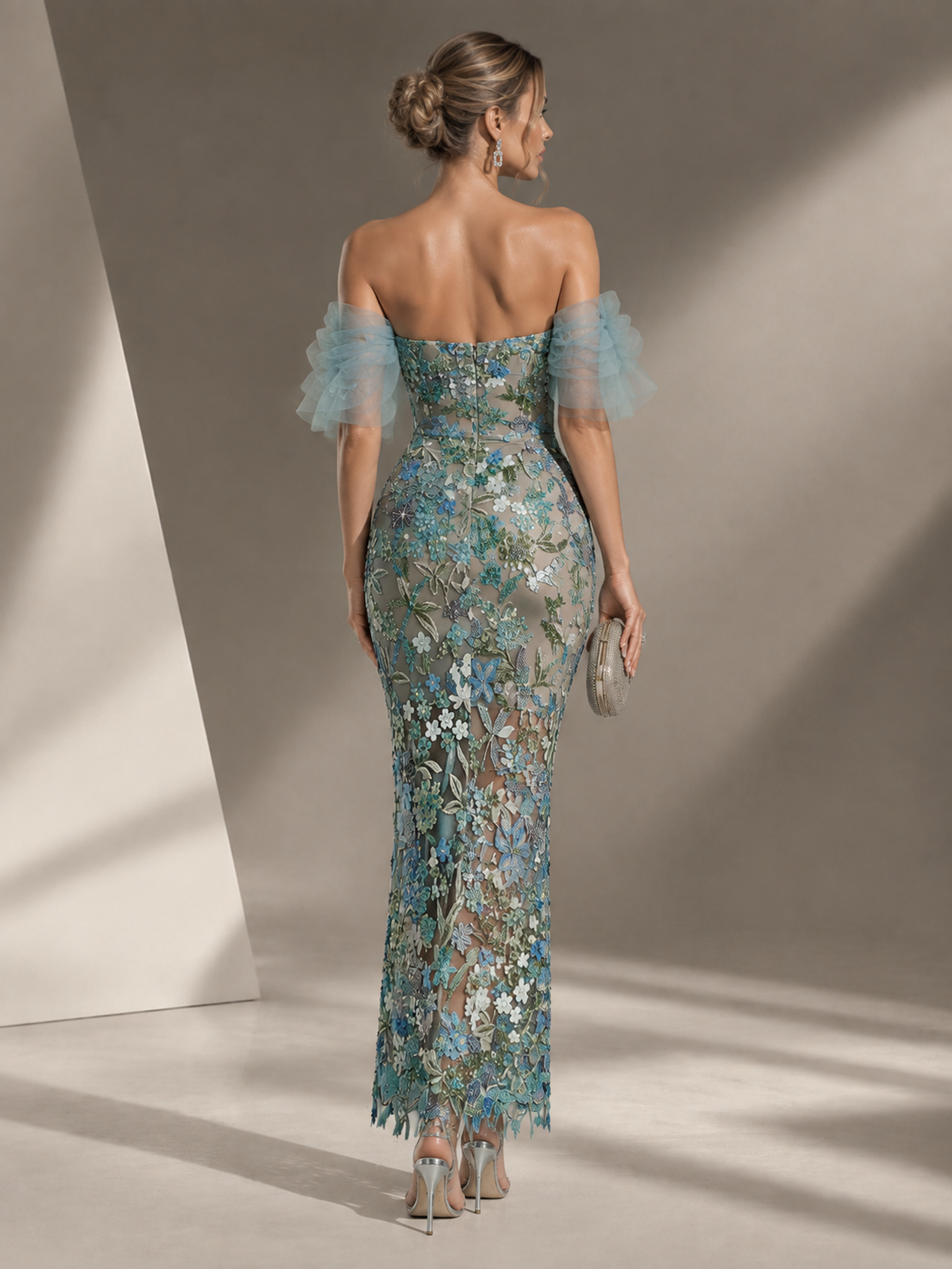 Dusty Blue Off-the-Shoulder Sweetheart Floral Embroidered Column Evening Gown Dress 