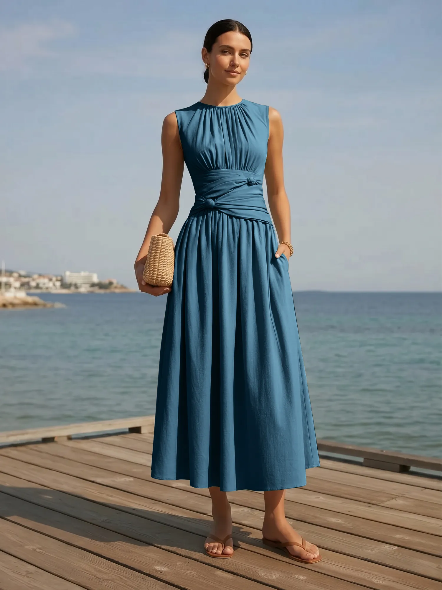 Sleeveless Round Neck Waist-Knot Midi Evening Dress
