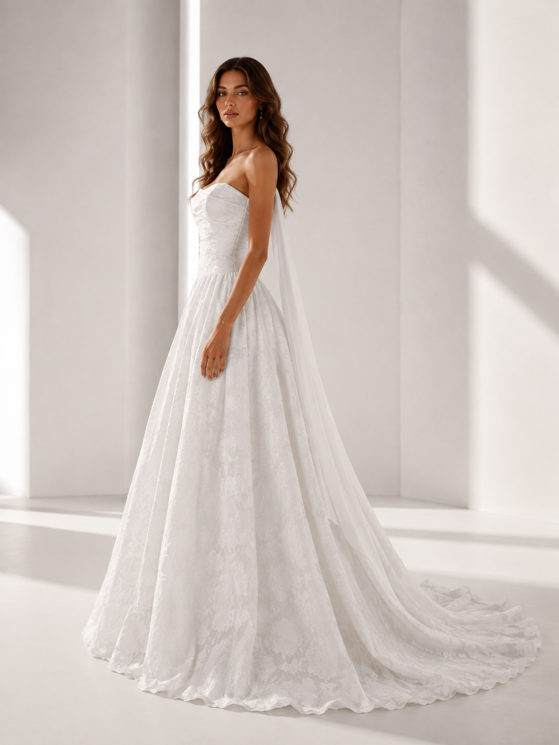 White A-Line Strapless Floral Burnout Maxi Wedding Dress