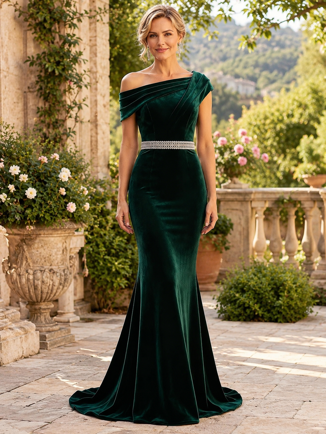 Emerald Green One-Shoulder Velvet Mermaid Maxi Mother of the Bride & Groom Dresses 