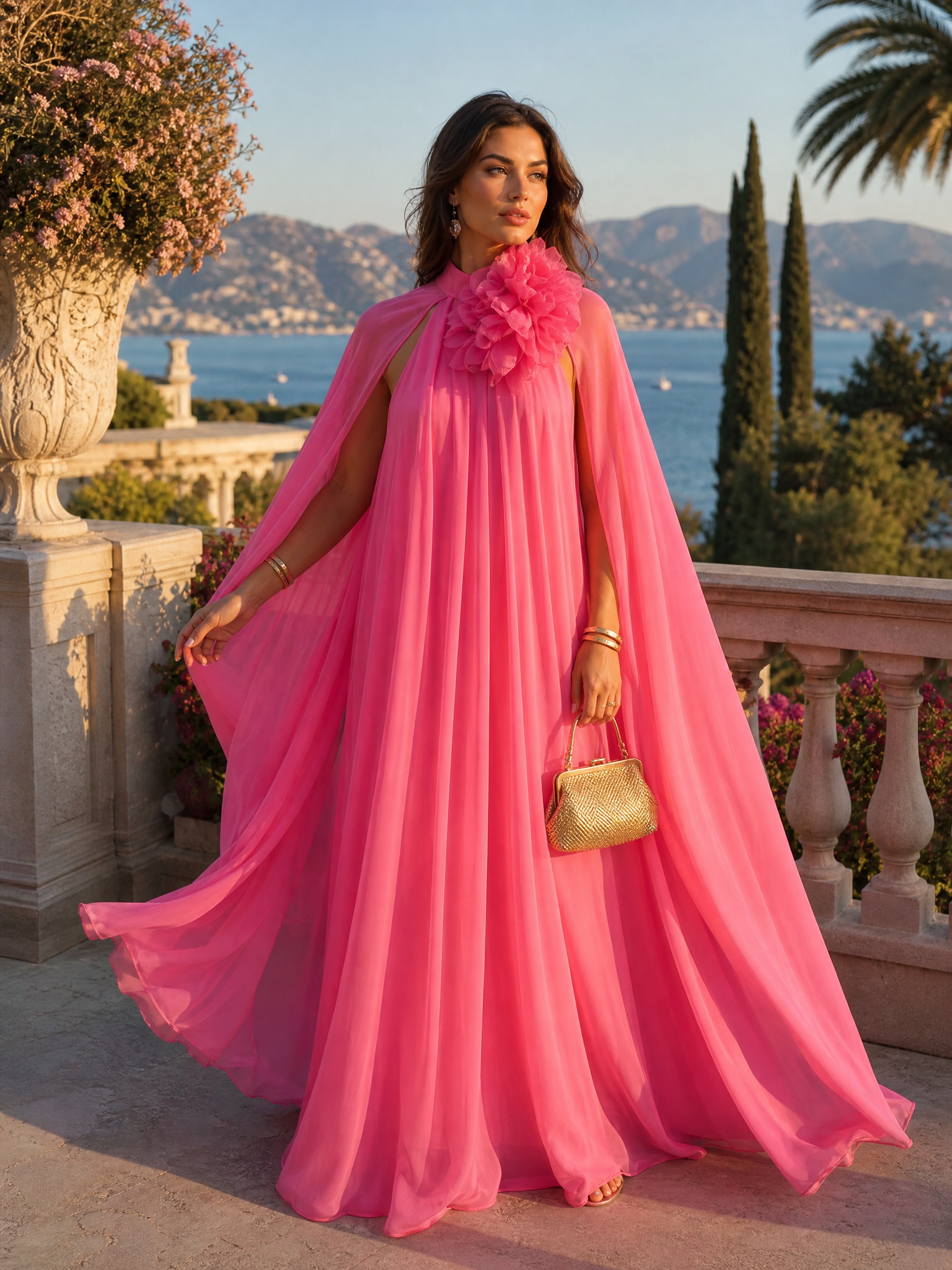 Vibrant Fuchsia Chiffon Cape High Neck Formal Evening Dress with Floral Statement