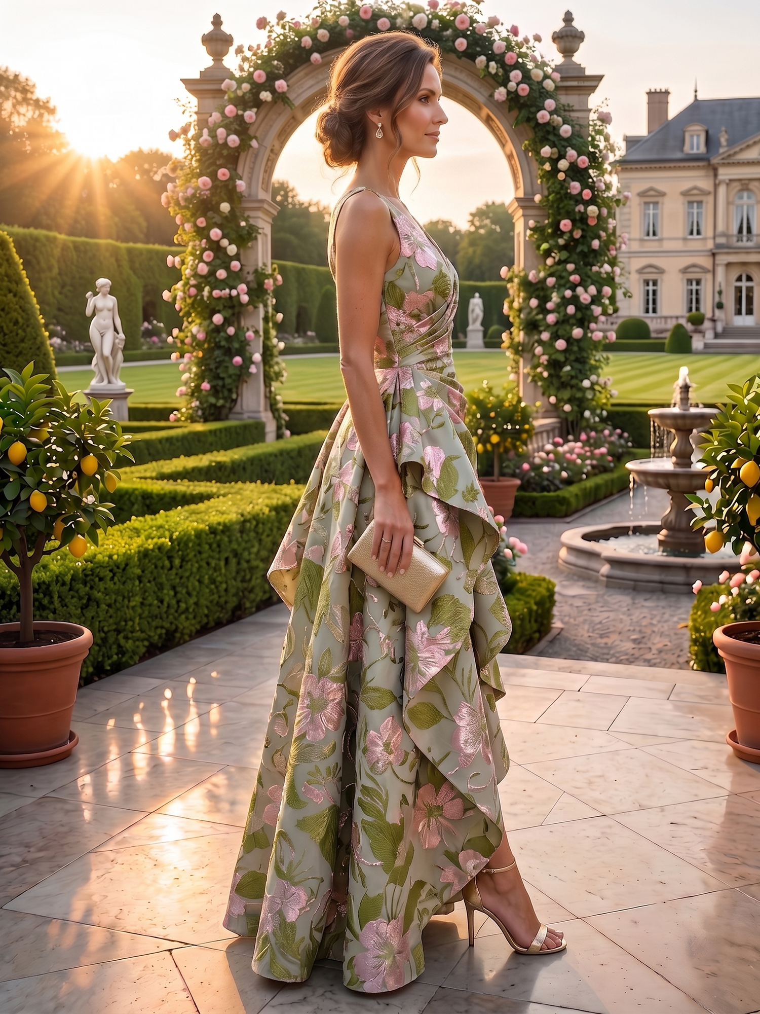 Ethereal Sage Green Botanical Garden Rose Floral Brocade Mother of the Bride & Groom Dresses with Plunging V-Neckline