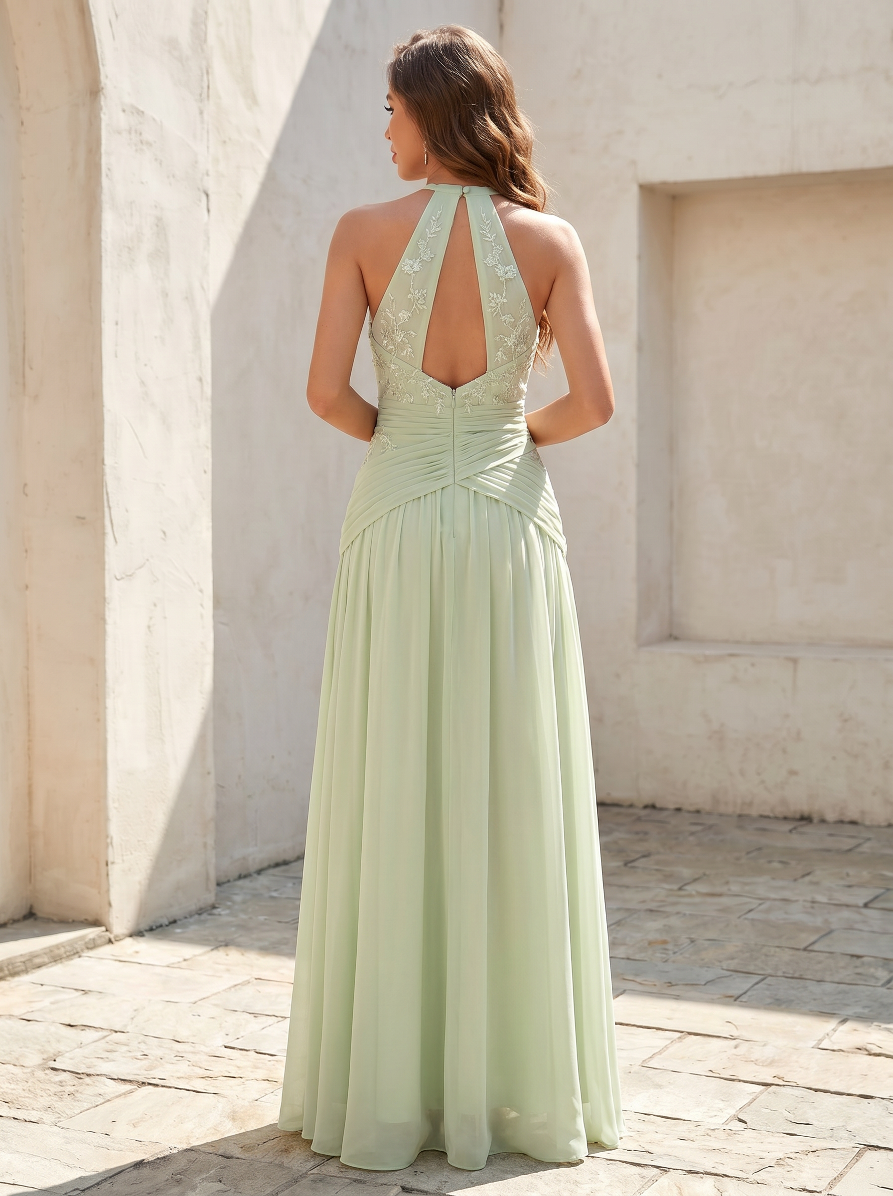Ethereal Sage Green Chiffon Halter A-Line Formal Evening Dress