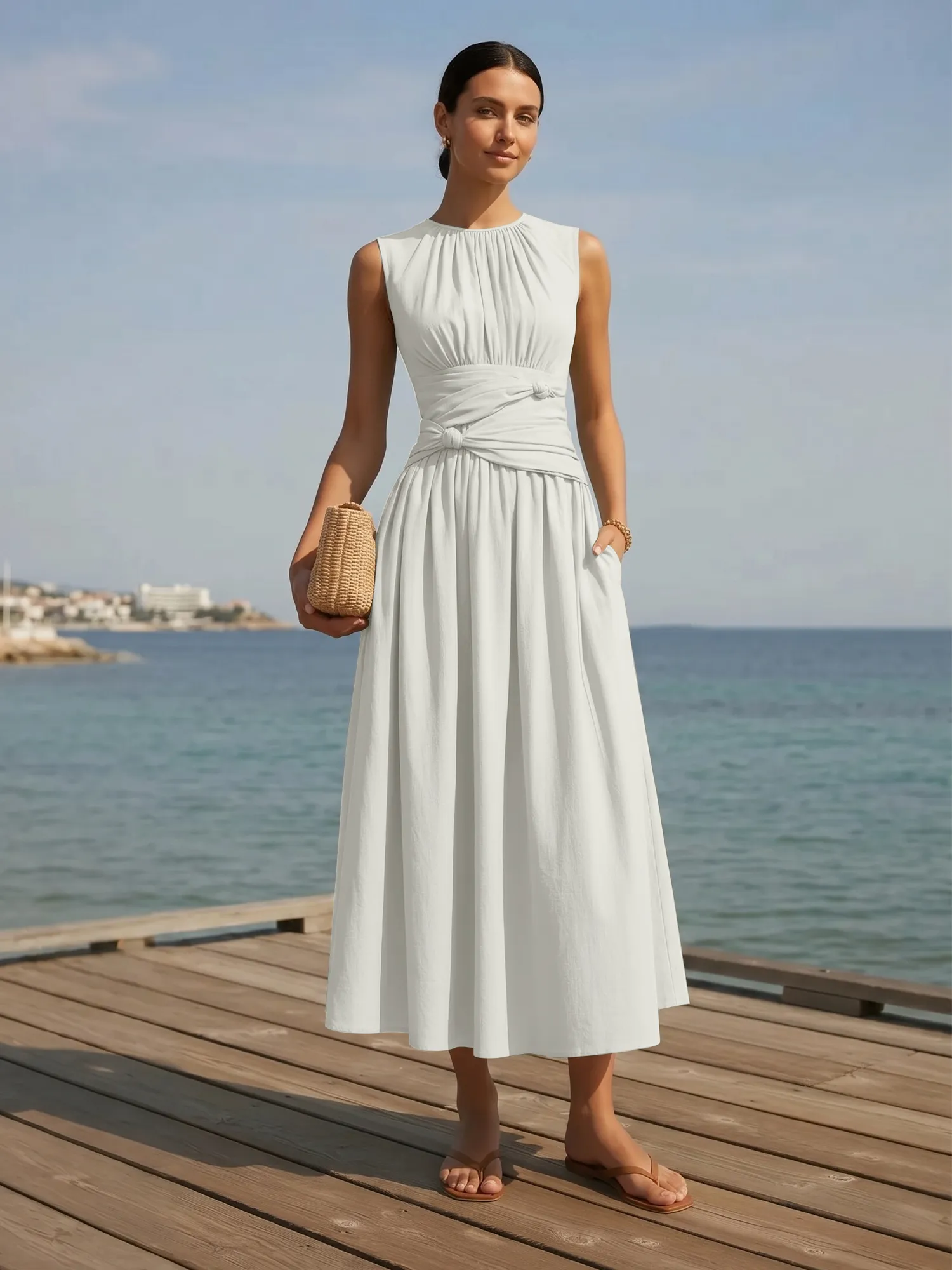 Sleeveless Round Neck Waist-Knot Midi Evening Dress